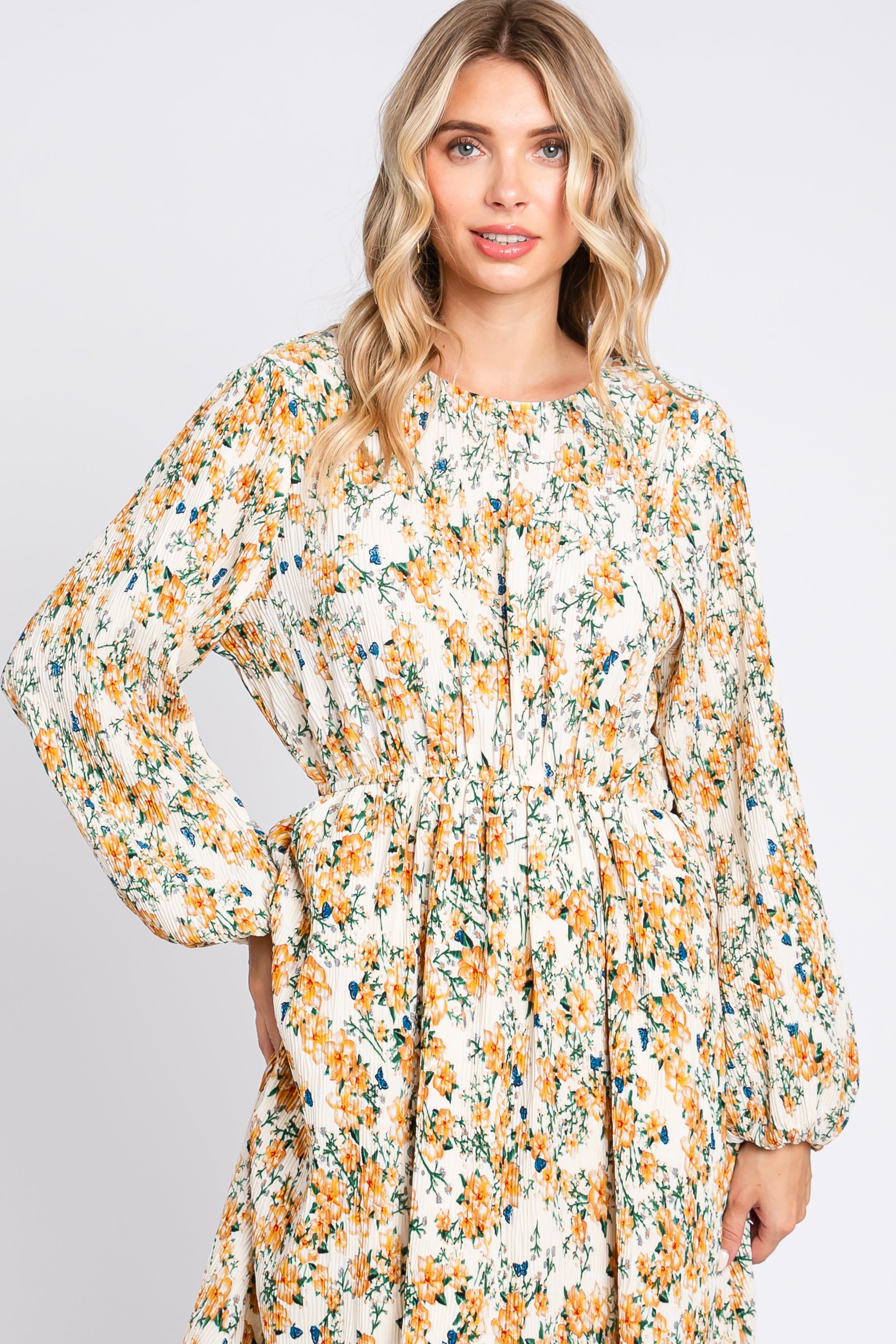 Cream Floral Plisse Long Sleeve Dress sold by Pinkblush product image thumbnail 4