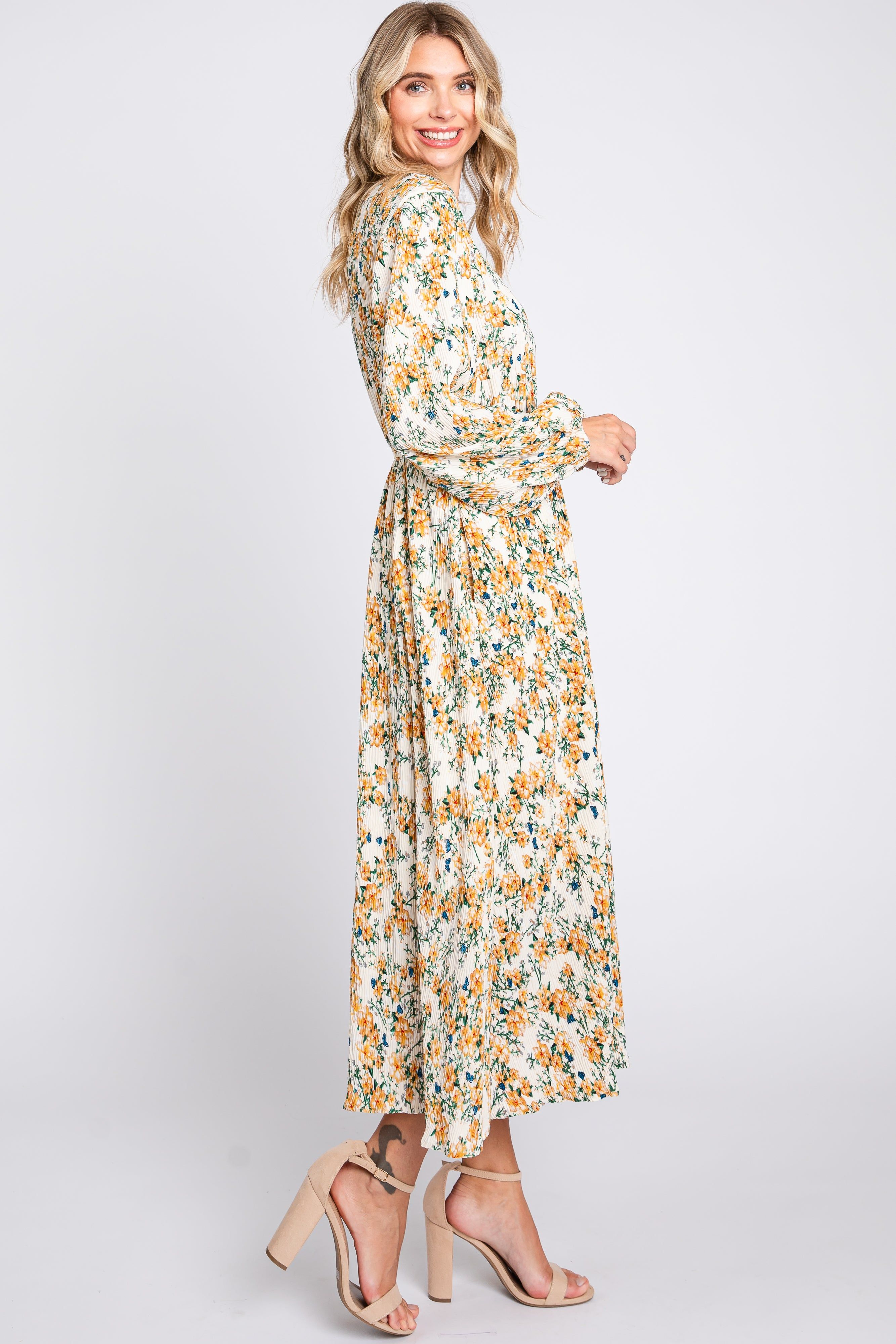 Cream Floral Plisse Long Sleeve Dress sold by Pinkblush product image thumbnail 2