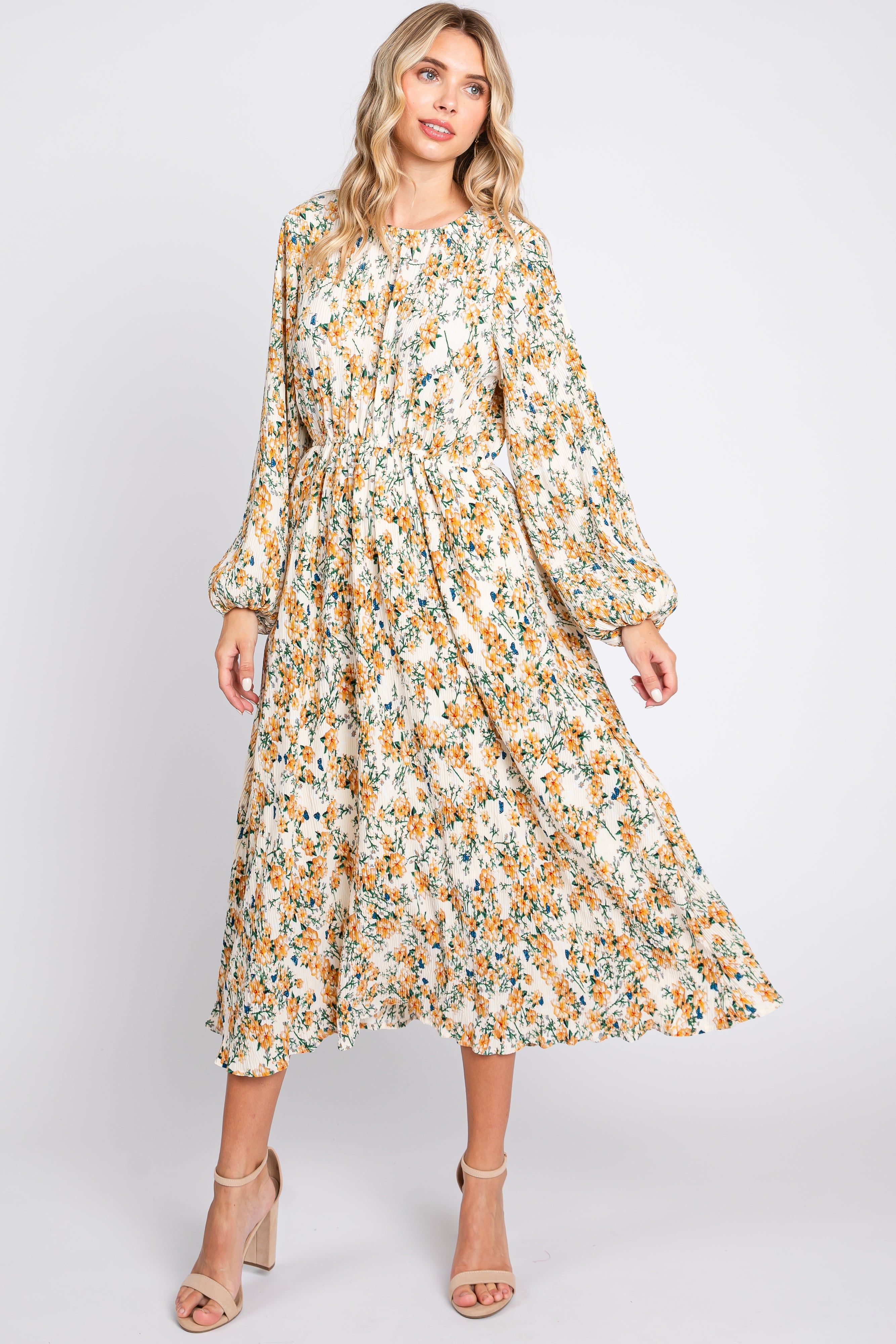 Cream Floral Plisse Long Sleeve Dress sold by Pinkblush product image thumbnail 5