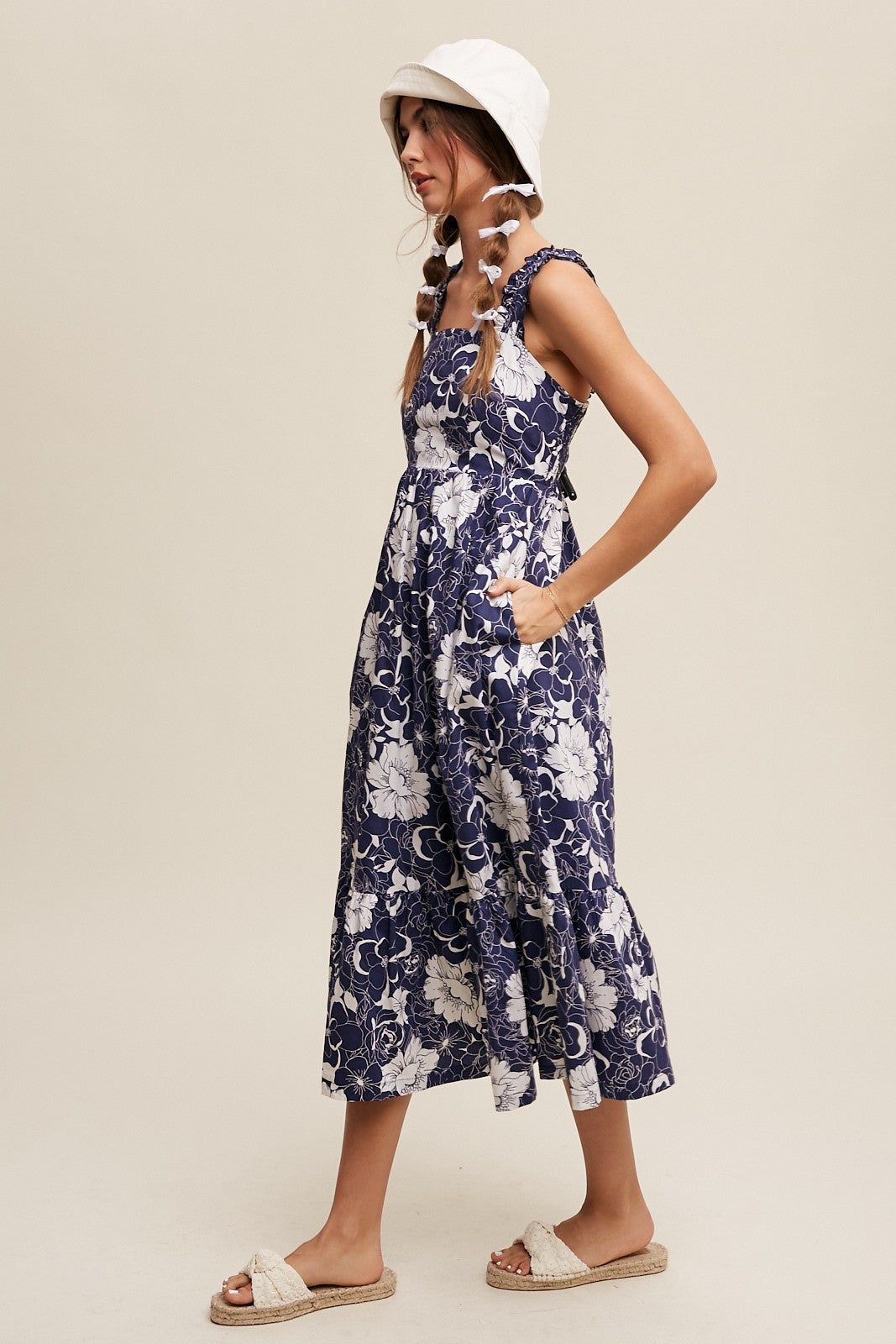 Navy Floral Tiered Sleeveless Midi Dress sold by Pinkblush product image thumbnail 3