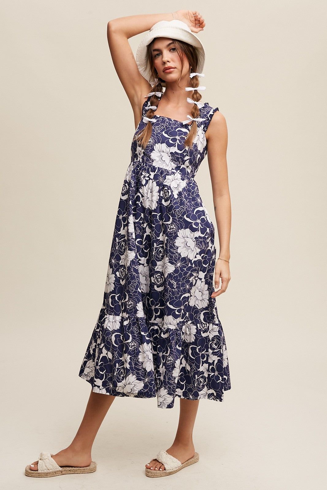 Navy Floral Tiered Sleeveless Midi Dress sold by Pinkblush