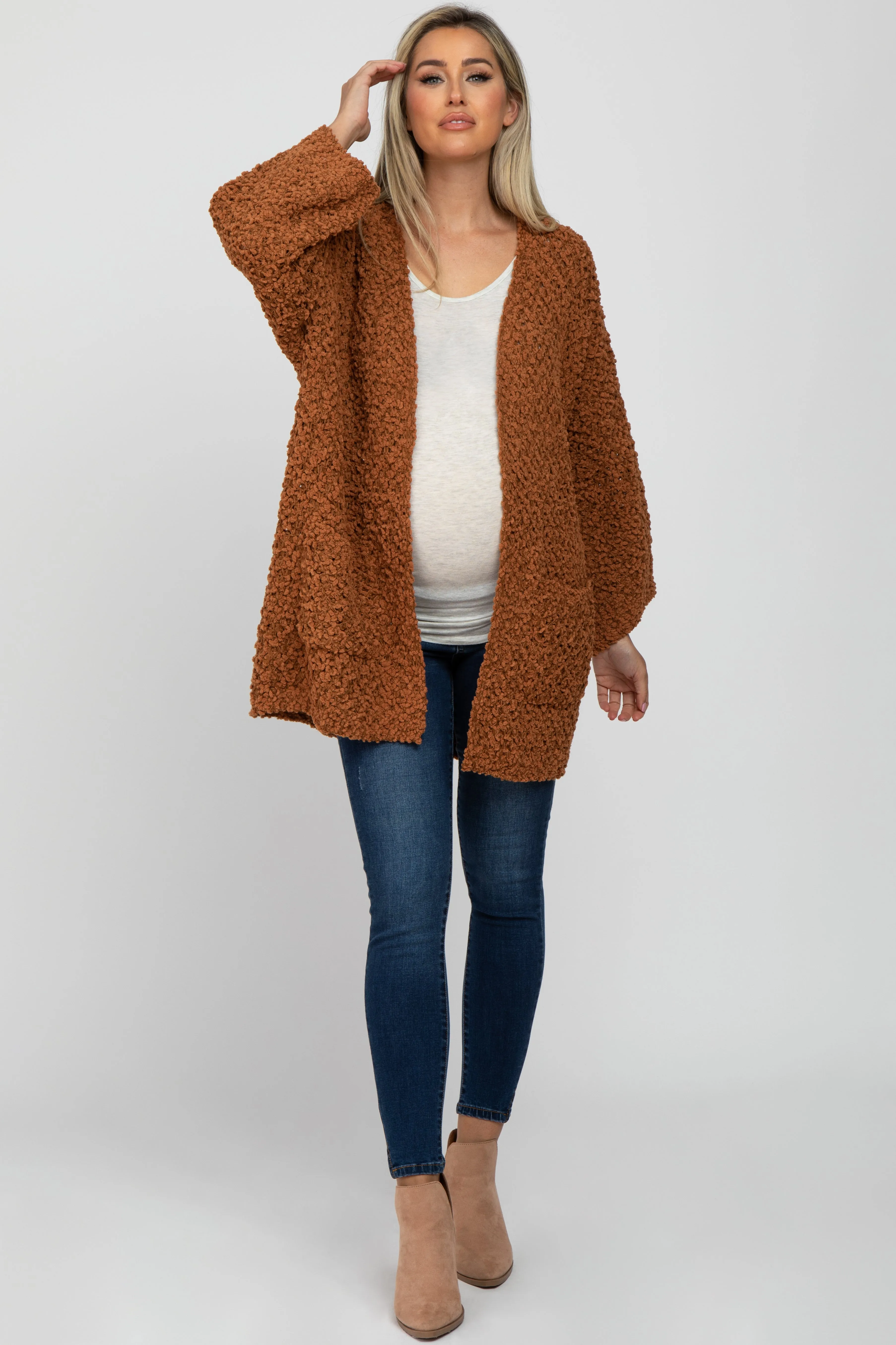 Camel Soft Popcorn Knit Maternity Cardigan sold by Pinkblush