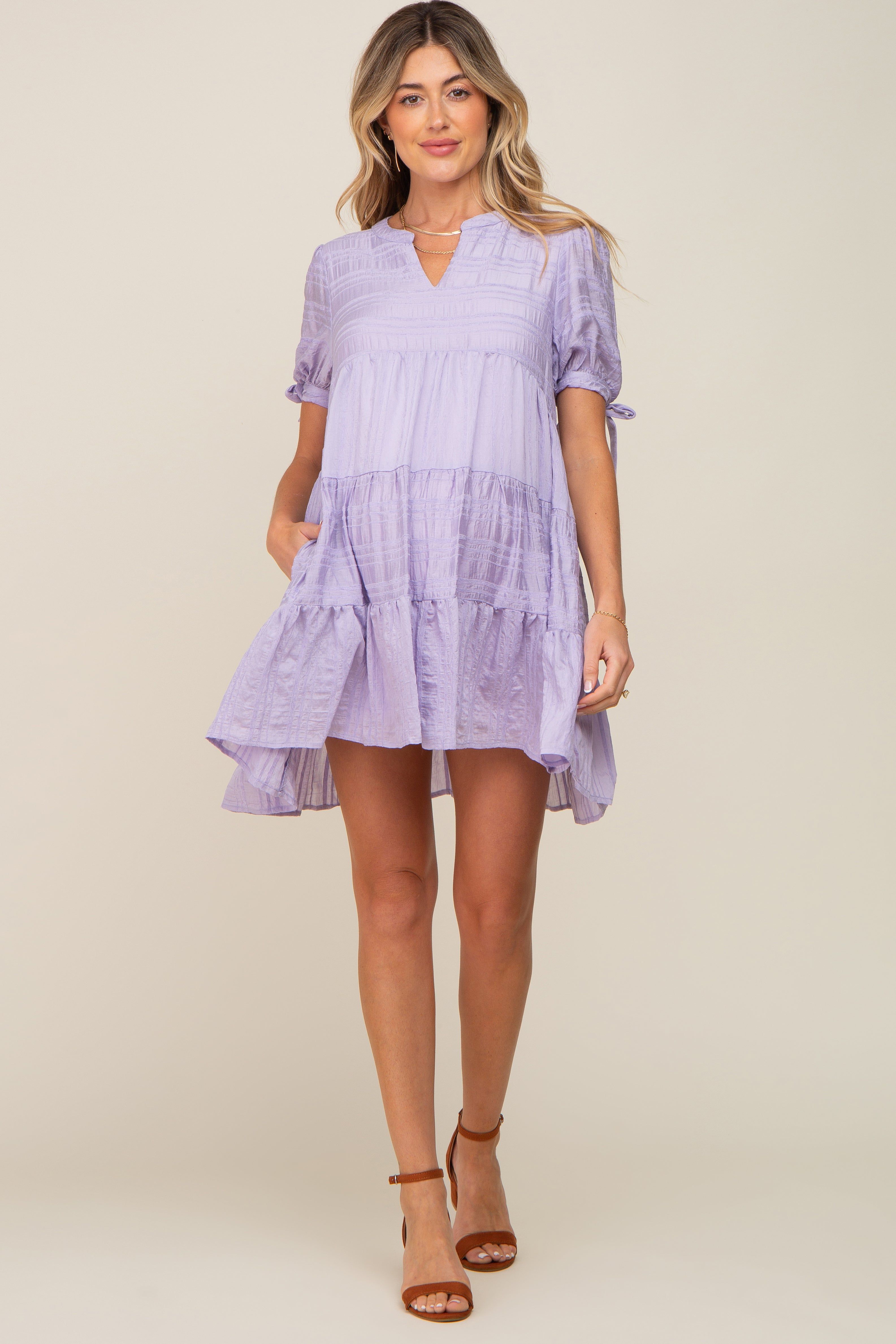 Lavender Textured Stripe V-Neck Tiered Maternity Dress sold by Pinkblush product image thumbnail 4