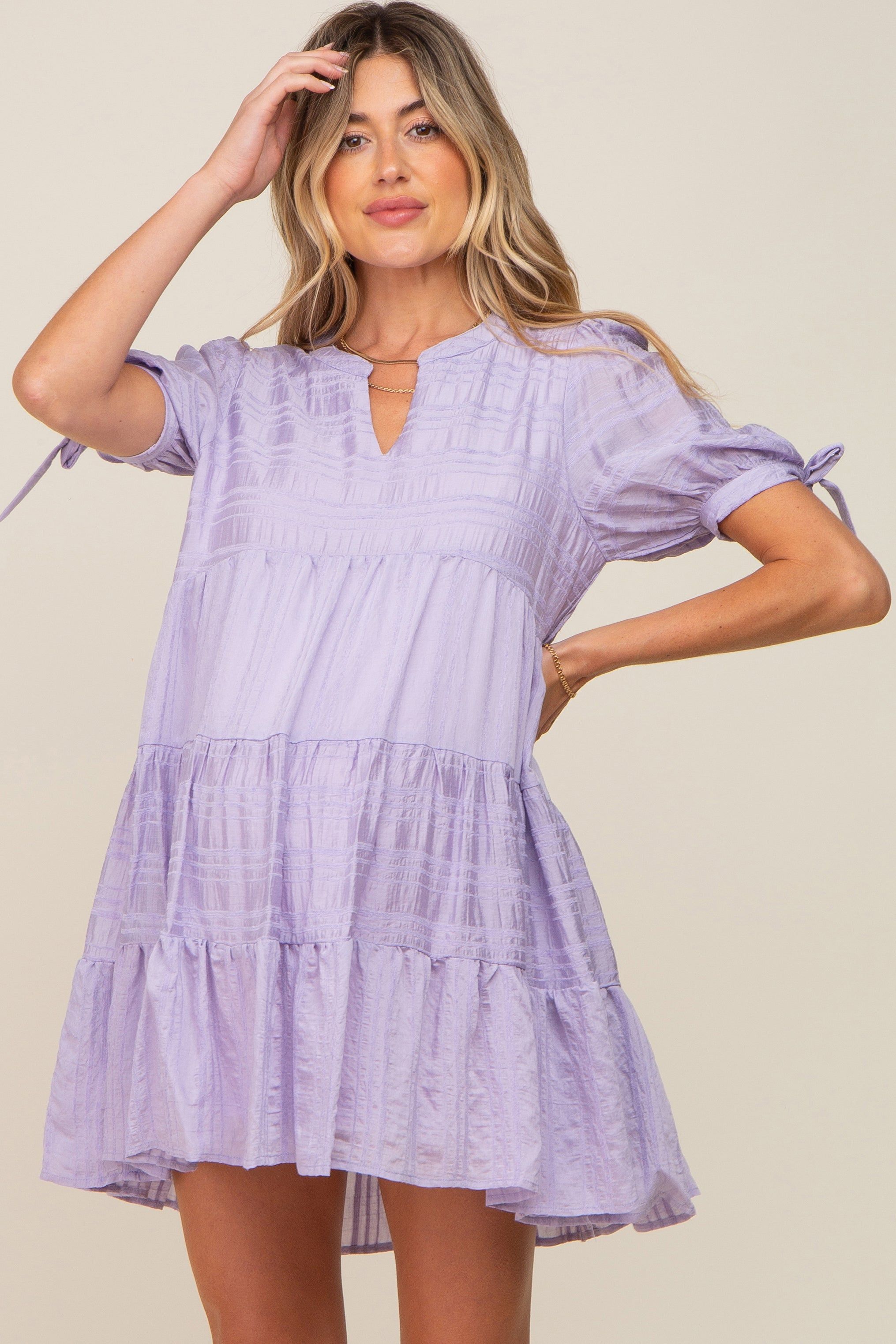 Lavender Textured Stripe V-Neck Tiered Maternity Dress sold by Pinkblush