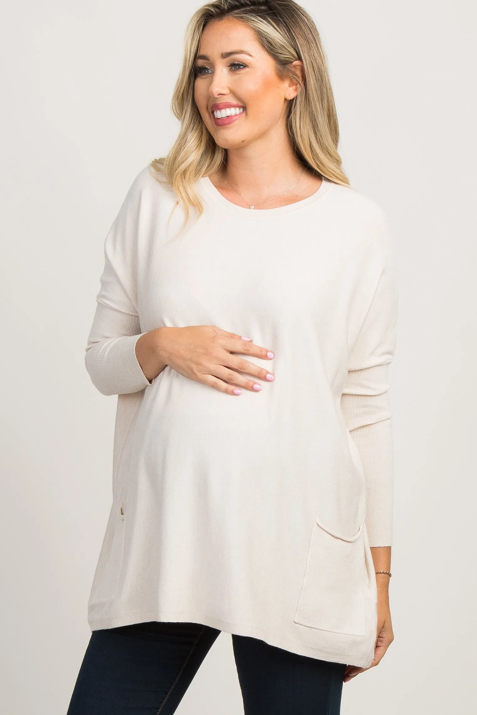 Beige Pocketed Dolman Sleeve Maternity Top sold by Pinkblush