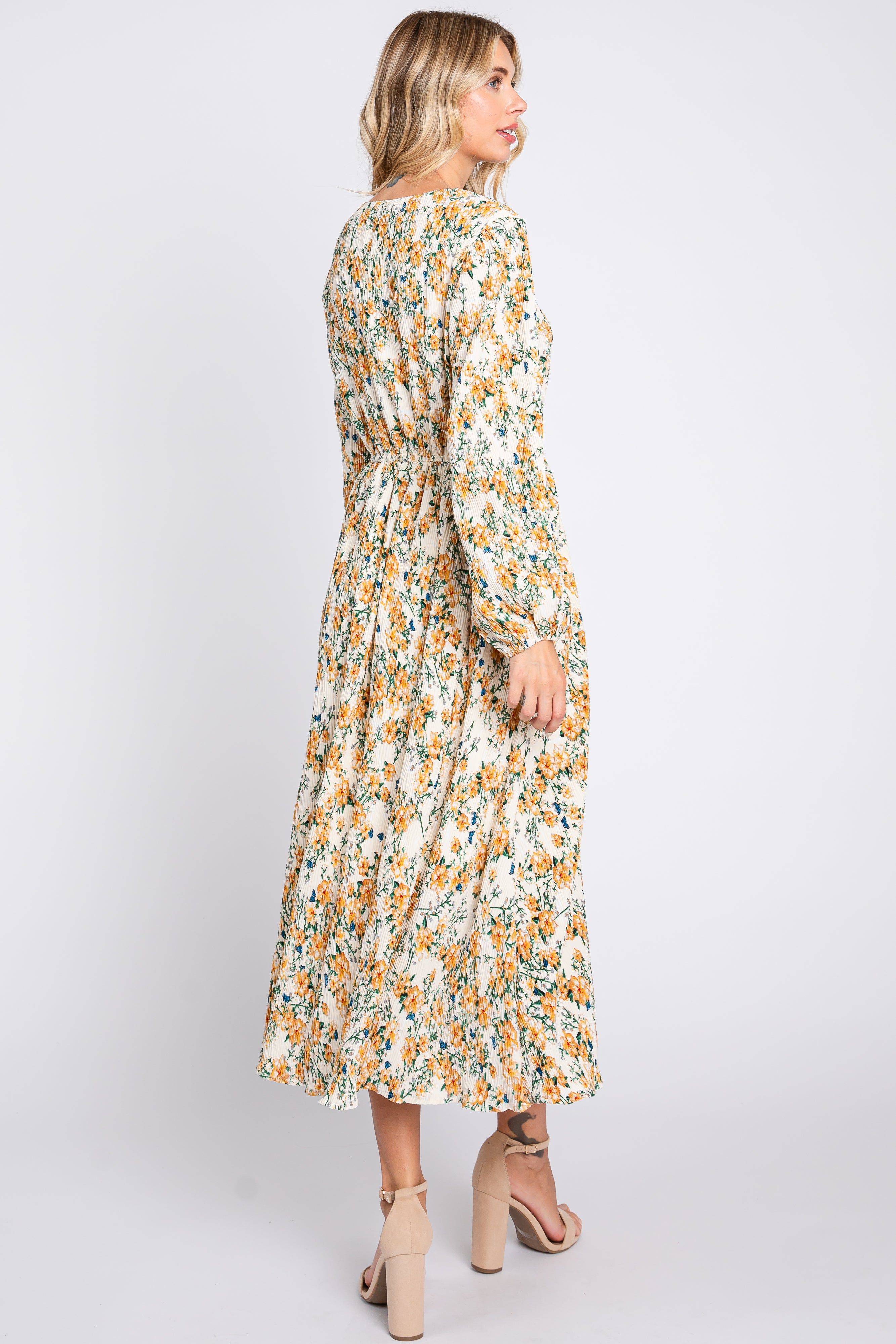 Cream Floral Plisse Long Sleeve Dress sold by Pinkblush product image thumbnail 3