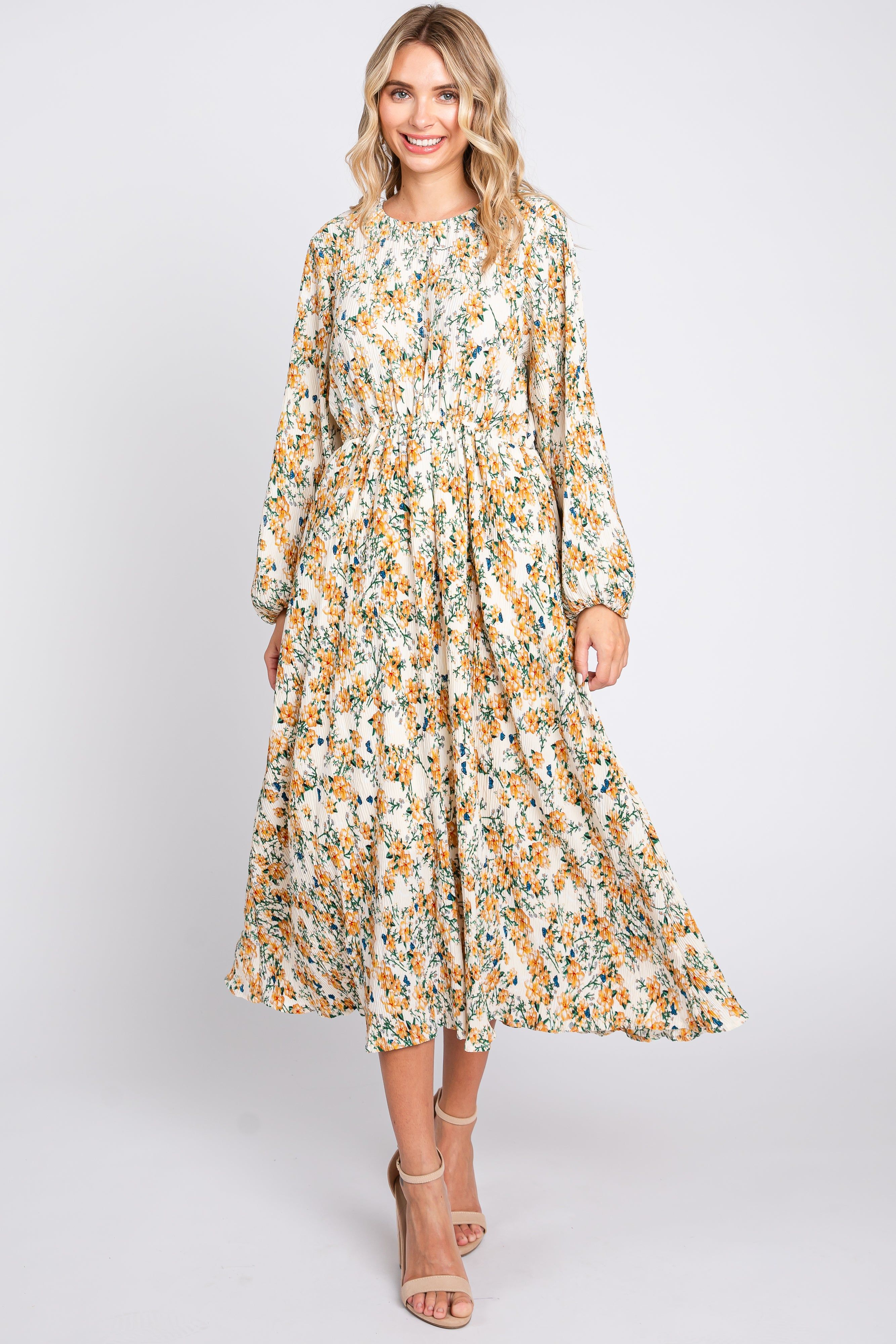 Cream Floral Plisse Long Sleeve Dress sold by Pinkblush