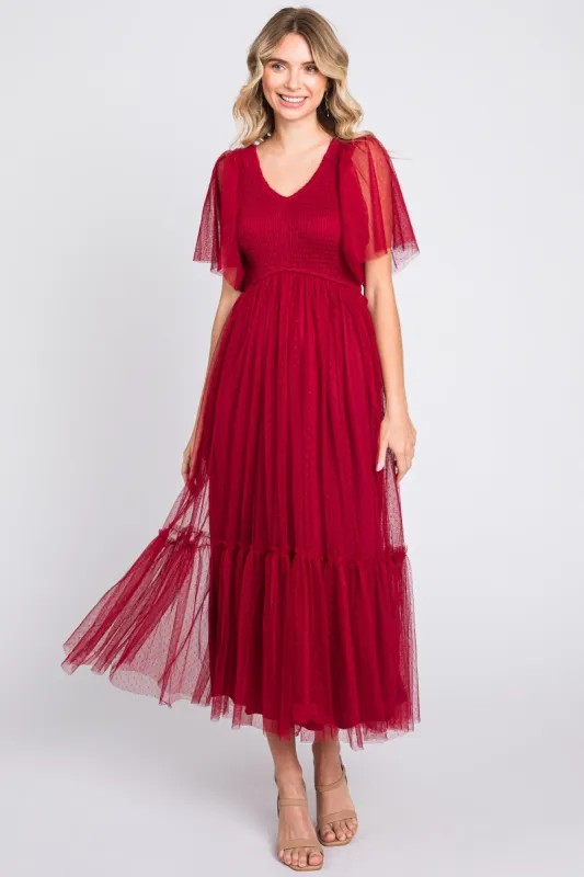 Burgundy Dotted Tulle Smocked Midi Dress sold by Pinkblush