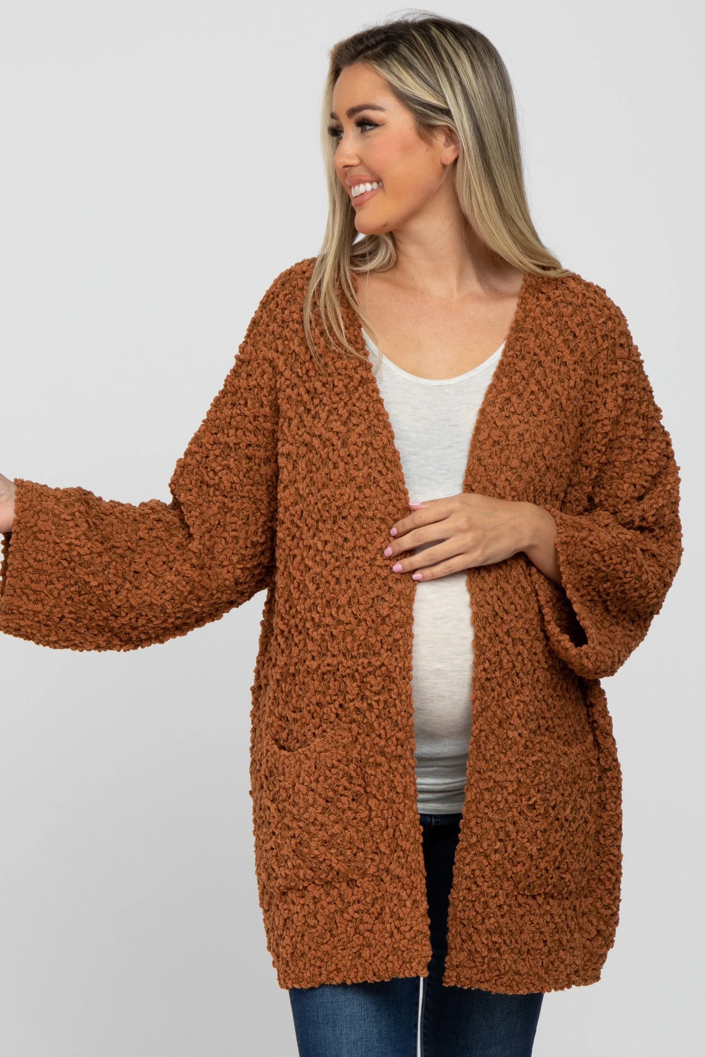 Camel Soft Popcorn Knit Maternity Cardigan sold by Pinkblush product image thumbnail 2