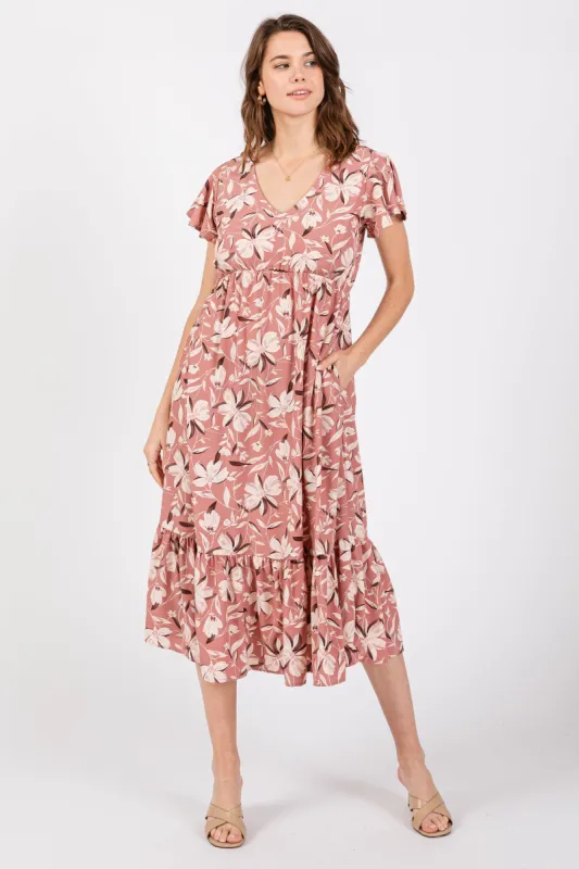 Mauve Floral Flutter Sleeve Midi Dress sold by Pinkblush