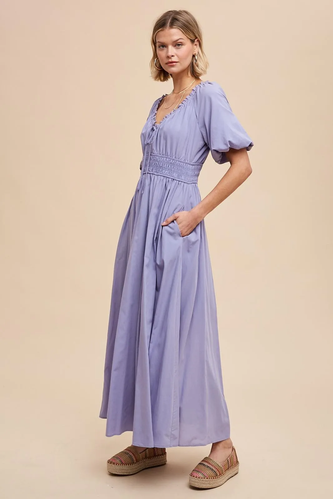 Lavender Smocked Puff Sleeve Maxi Dress sold by Pinkblush product image thumbnail 3