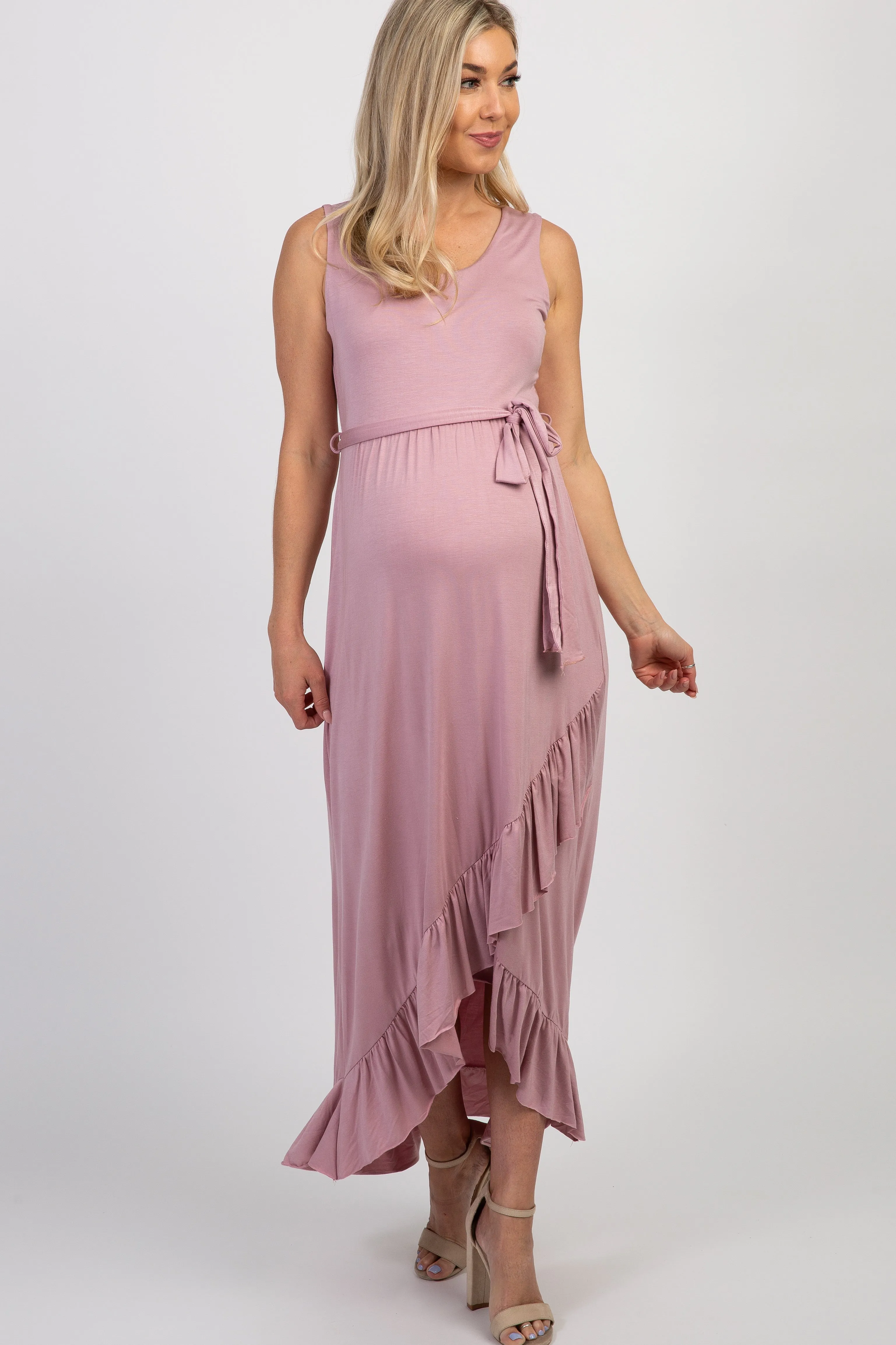 PinkBlush Mauve Sleeveless Hi-Low Ruffle Trim Maternity Maxi Dress sold by Pinkblush product image thumbnail 4