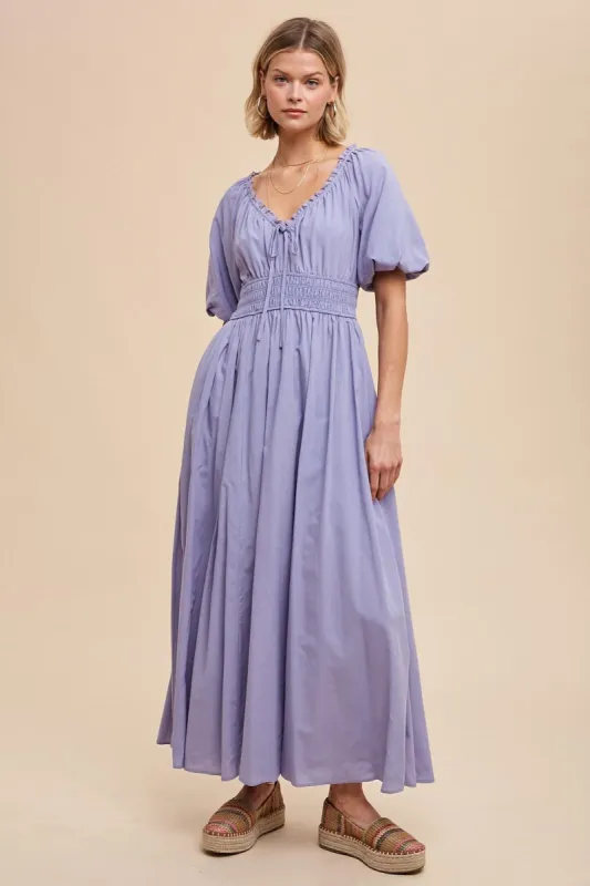 Lavender Smocked Puff Sleeve Maxi Dress sold by Pinkblush