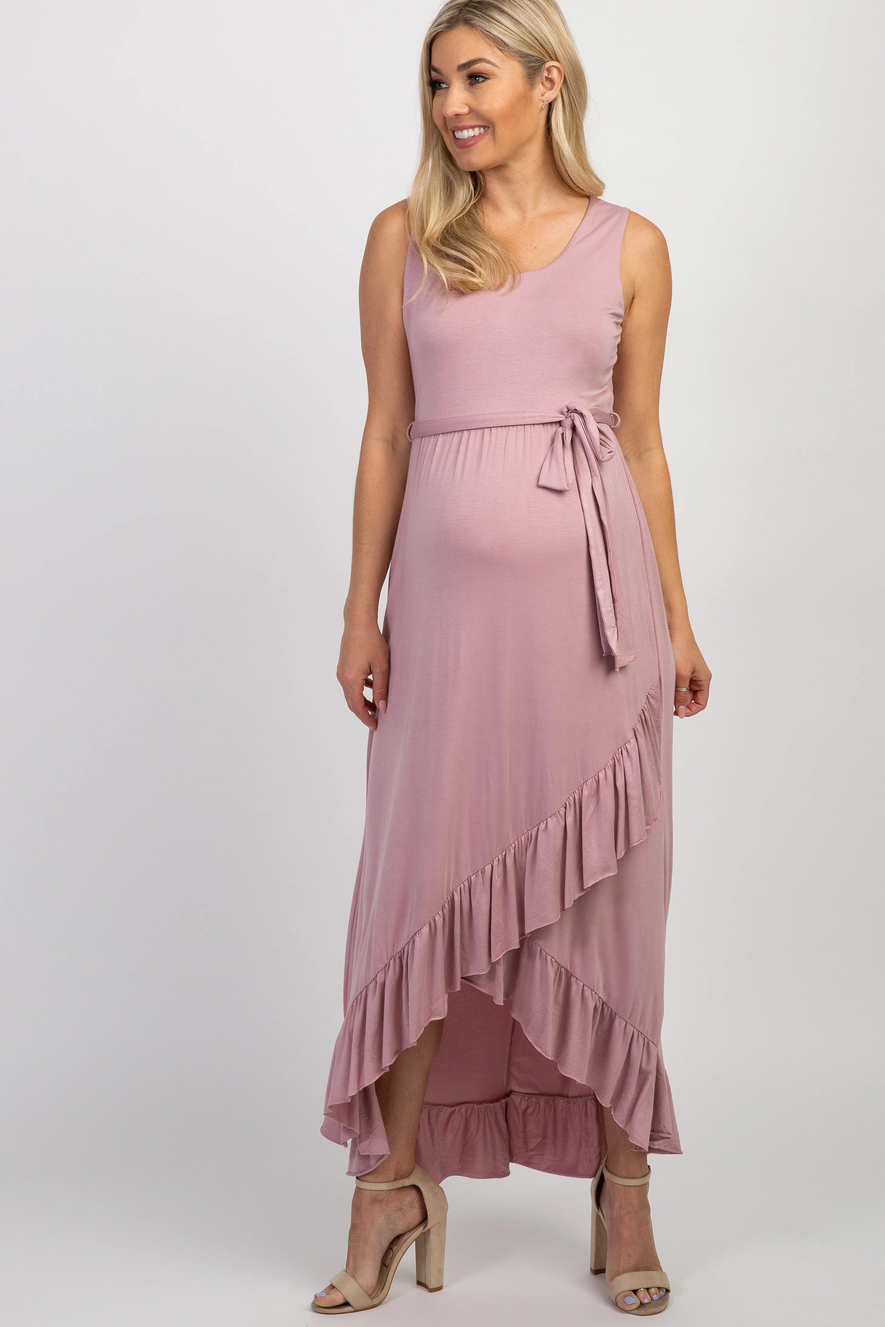 PinkBlush Mauve Sleeveless Hi-Low Ruffle Trim Maternity Maxi Dress sold by Pinkblush
