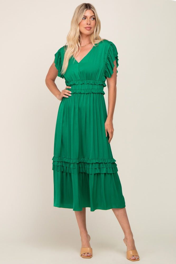 Green Ruffle Accent V-Neck Midi Dress sold by Pinkblush product image thumbnail 4