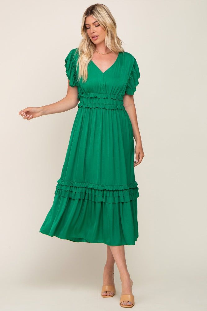 Green Ruffle Accent V-Neck Midi Dress sold by Pinkblush