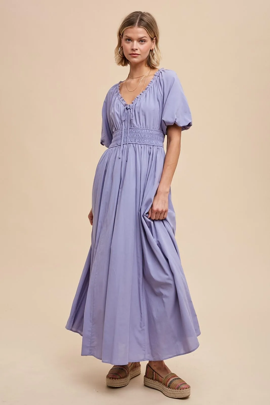 Lavender Smocked Puff Sleeve Maxi Dress sold by Pinkblush product image thumbnail 2
