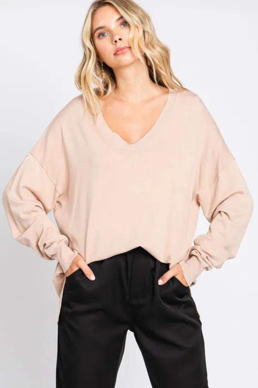 Taupe Knit V-Neck Long Sleeve Top sold by Pinkblush