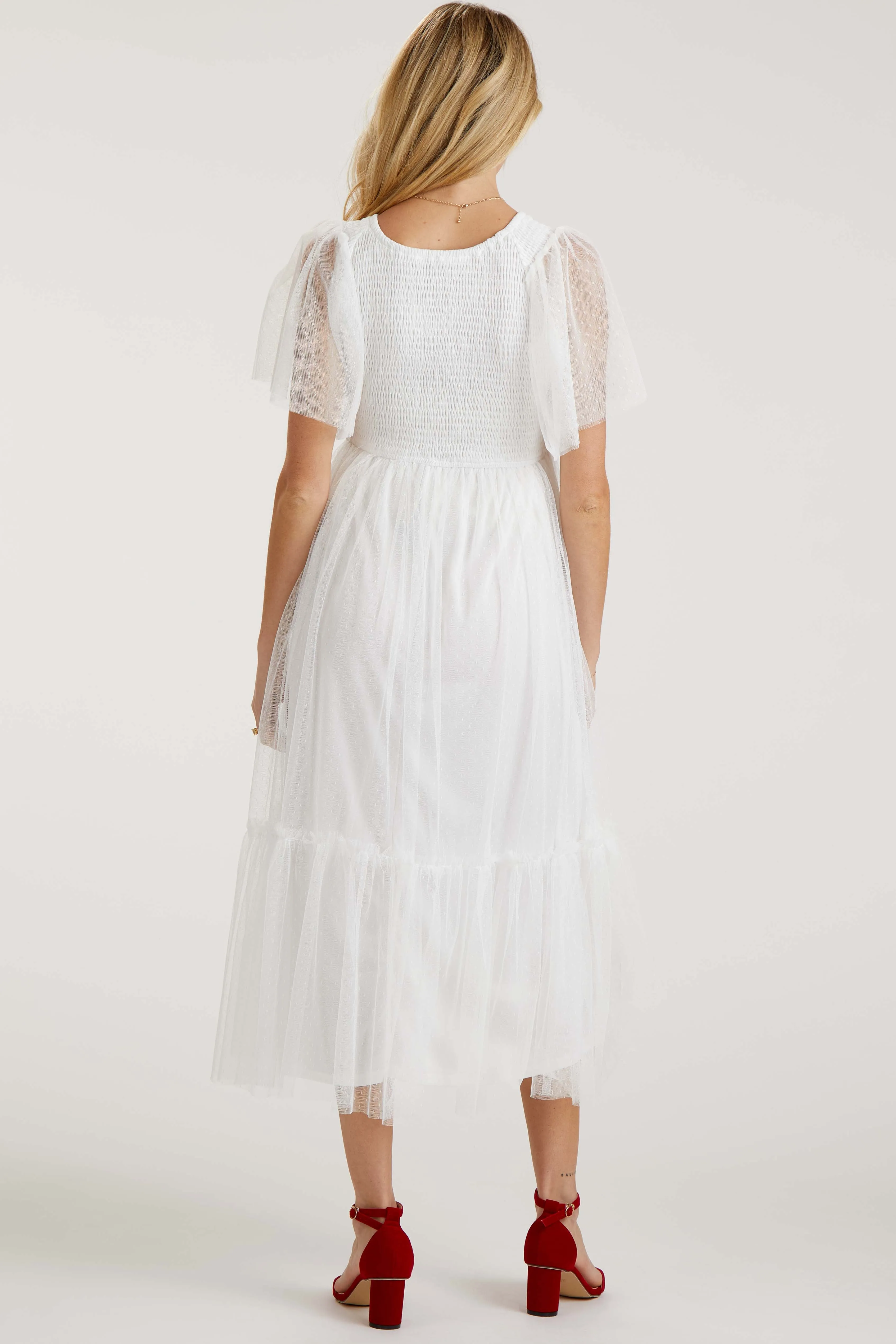 White Dotted Tulle Smocked Maternity Midi Dress sold by Pinkblush product image thumbnail 4