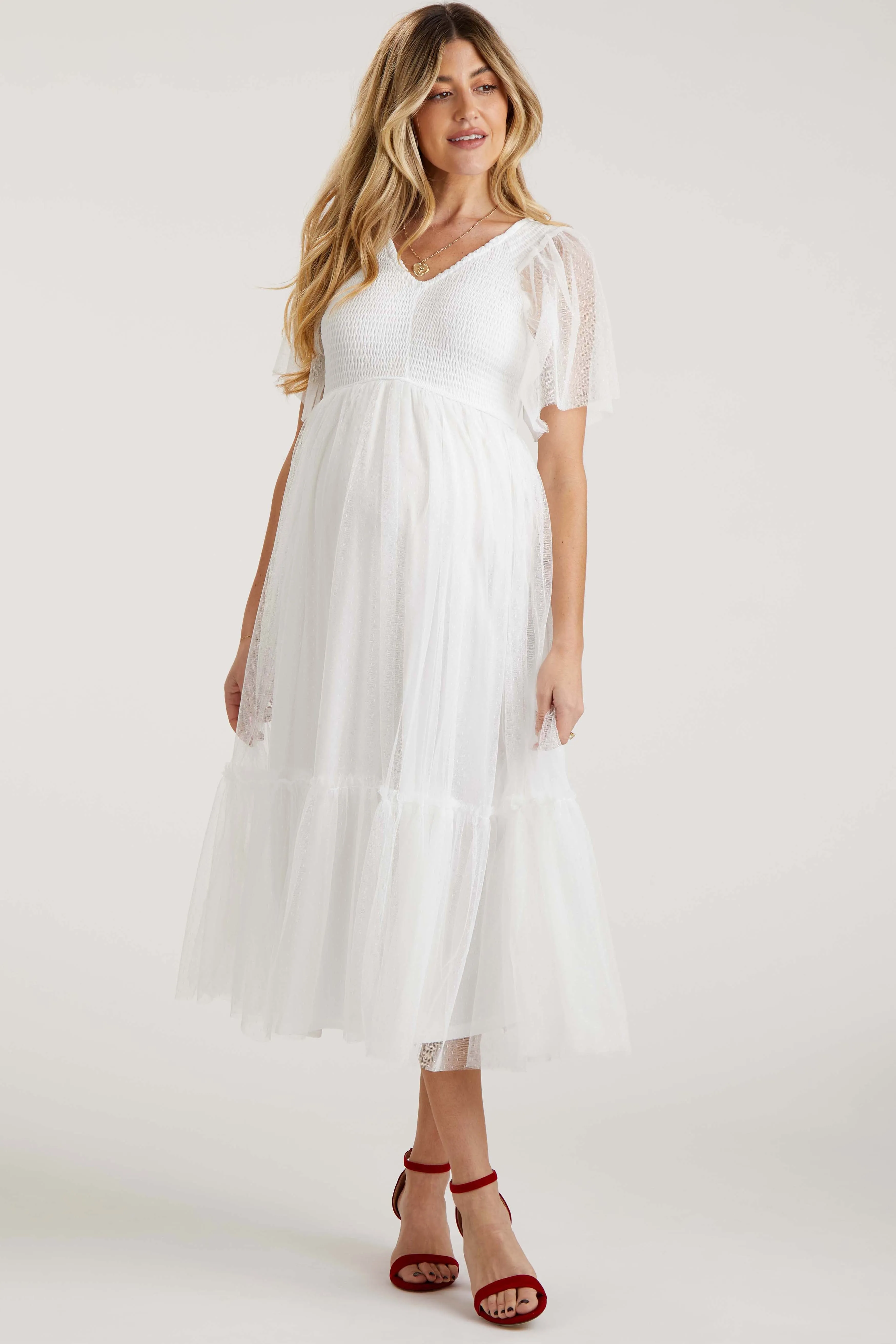White Dotted Tulle Smocked Maternity Midi Dress sold by Pinkblush