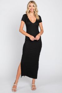 Black Basic Ribbed Side Slit Midi Dress sold by Pinkblush