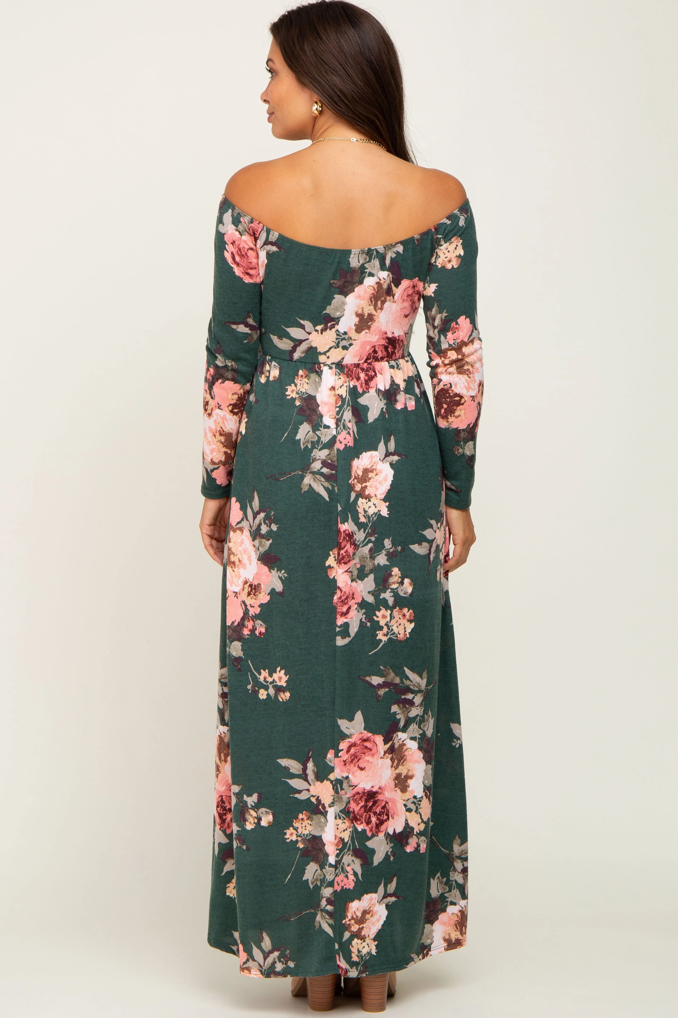 Forest Green Floral Off Shoulder Long Sleeve Maternity Maxi Dress sold by Pinkblush product image thumbnail 3