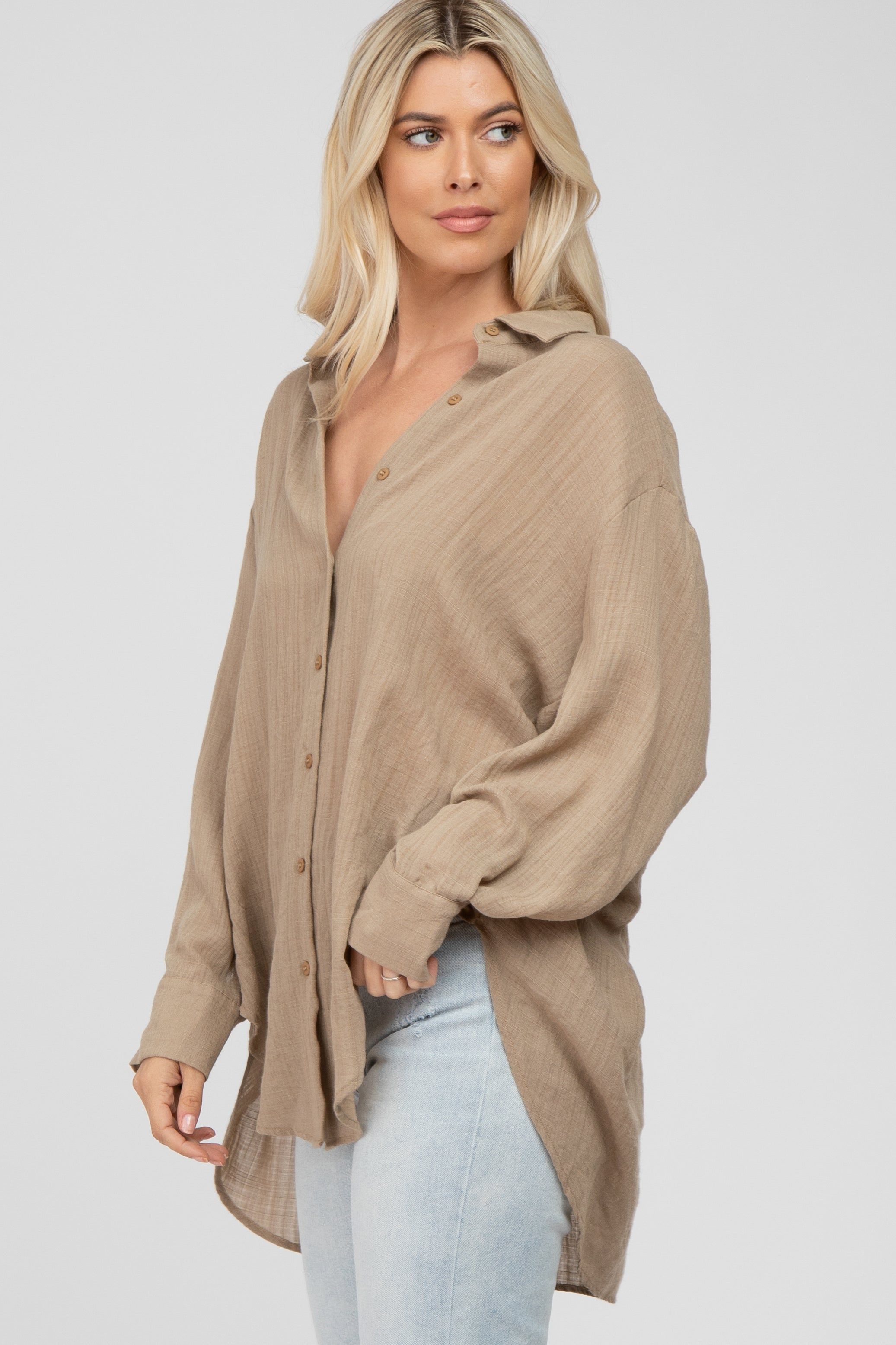 Mocha Lightweight Sheer Button Down Blouse sold by Pinkblush product image thumbnail 3