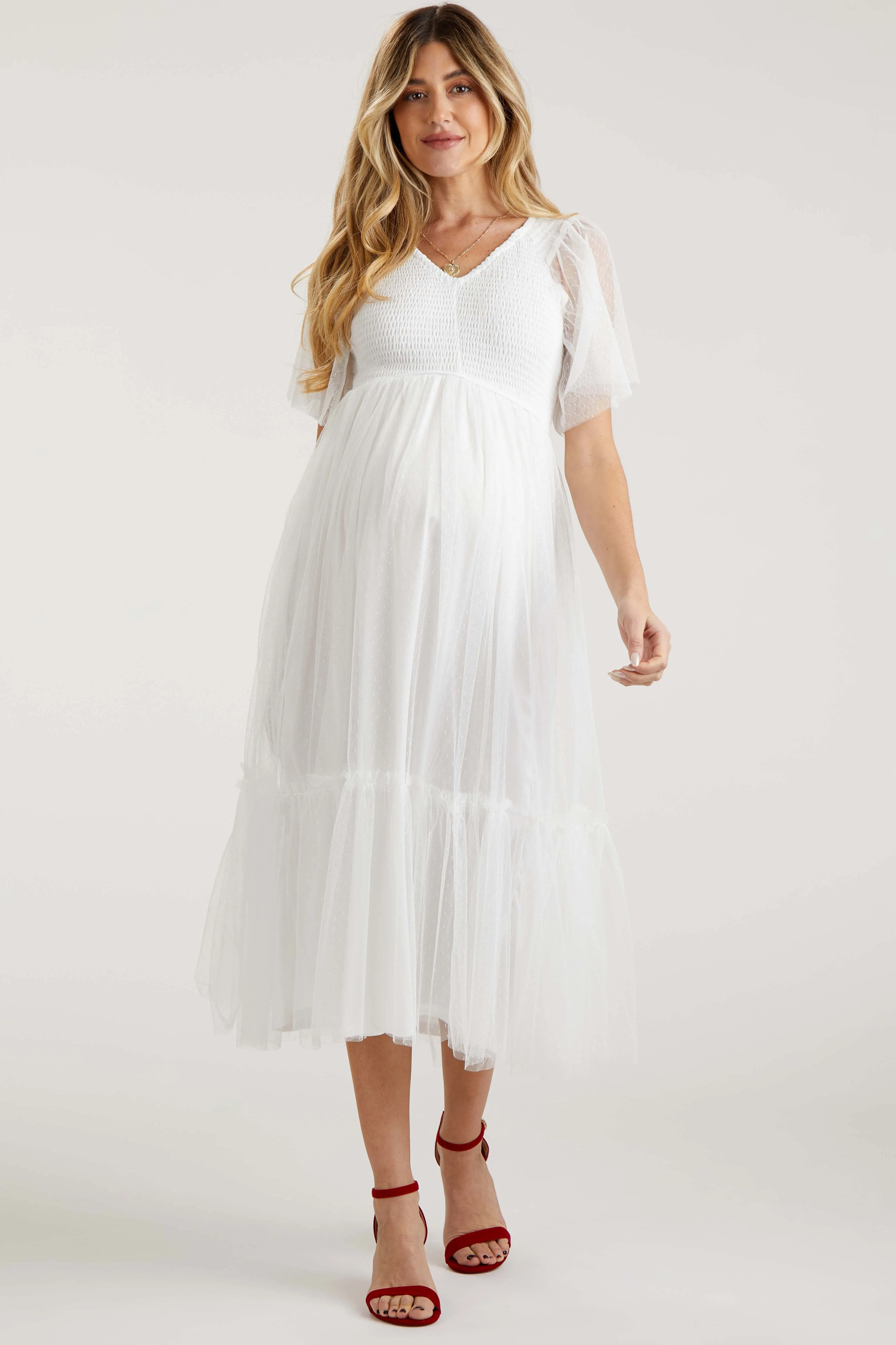 White Dotted Tulle Smocked Maternity Midi Dress sold by Pinkblush product image thumbnail 2