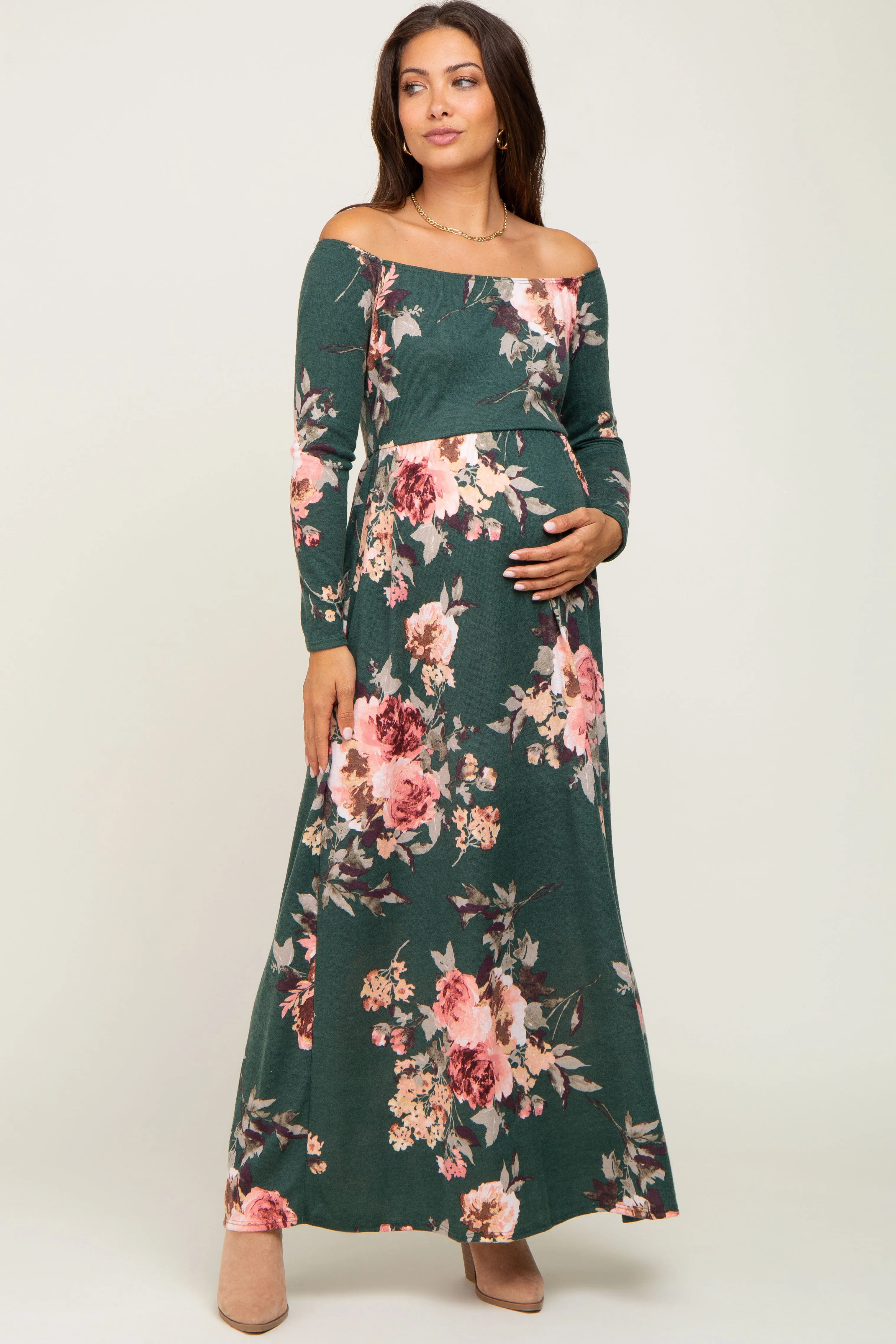 Forest Green Floral Off Shoulder Long Sleeve Maternity Maxi Dress sold by Pinkblush product image thumbnail 4