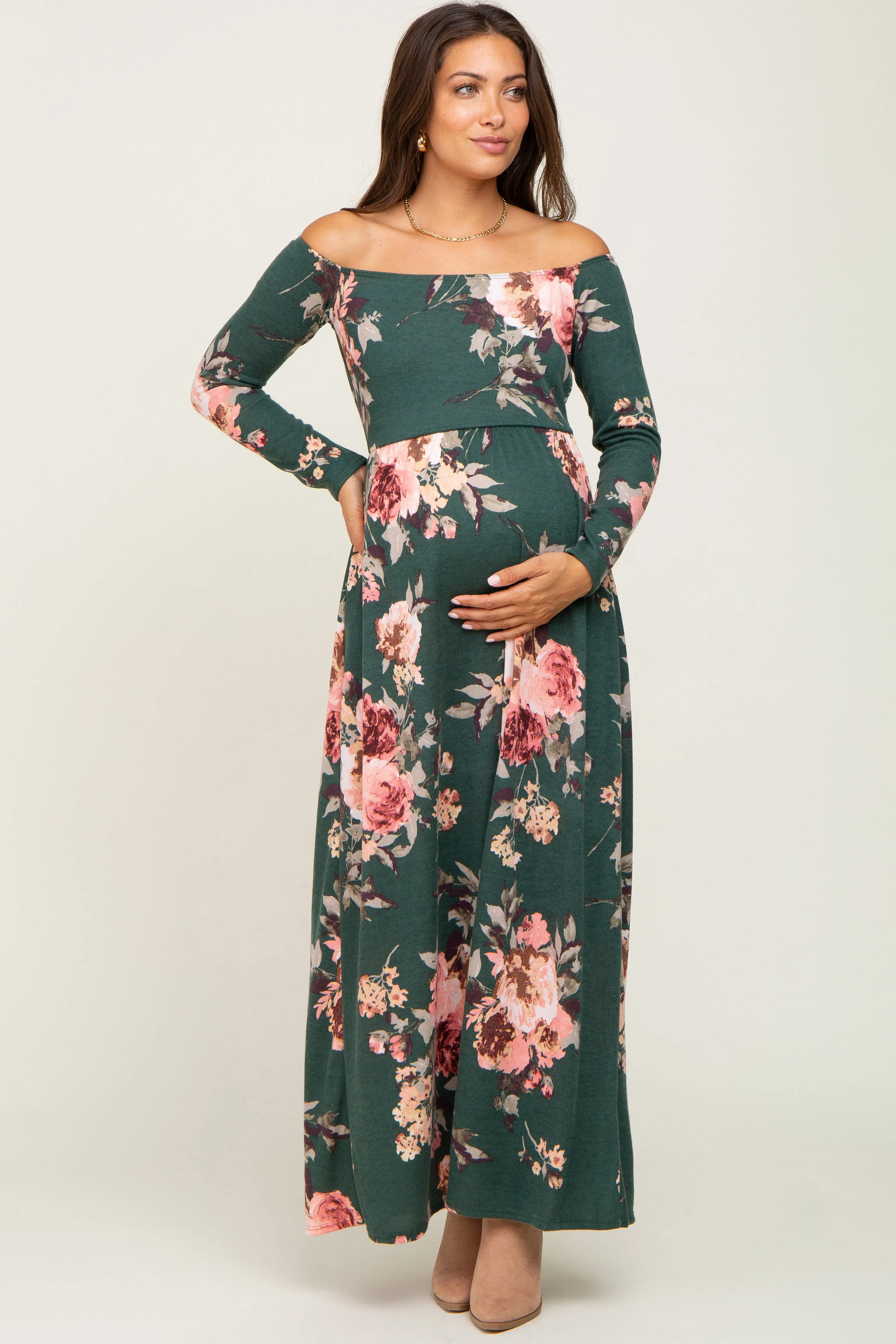 Forest Green Floral Off Shoulder Long Sleeve Maternity Maxi Dress sold by Pinkblush