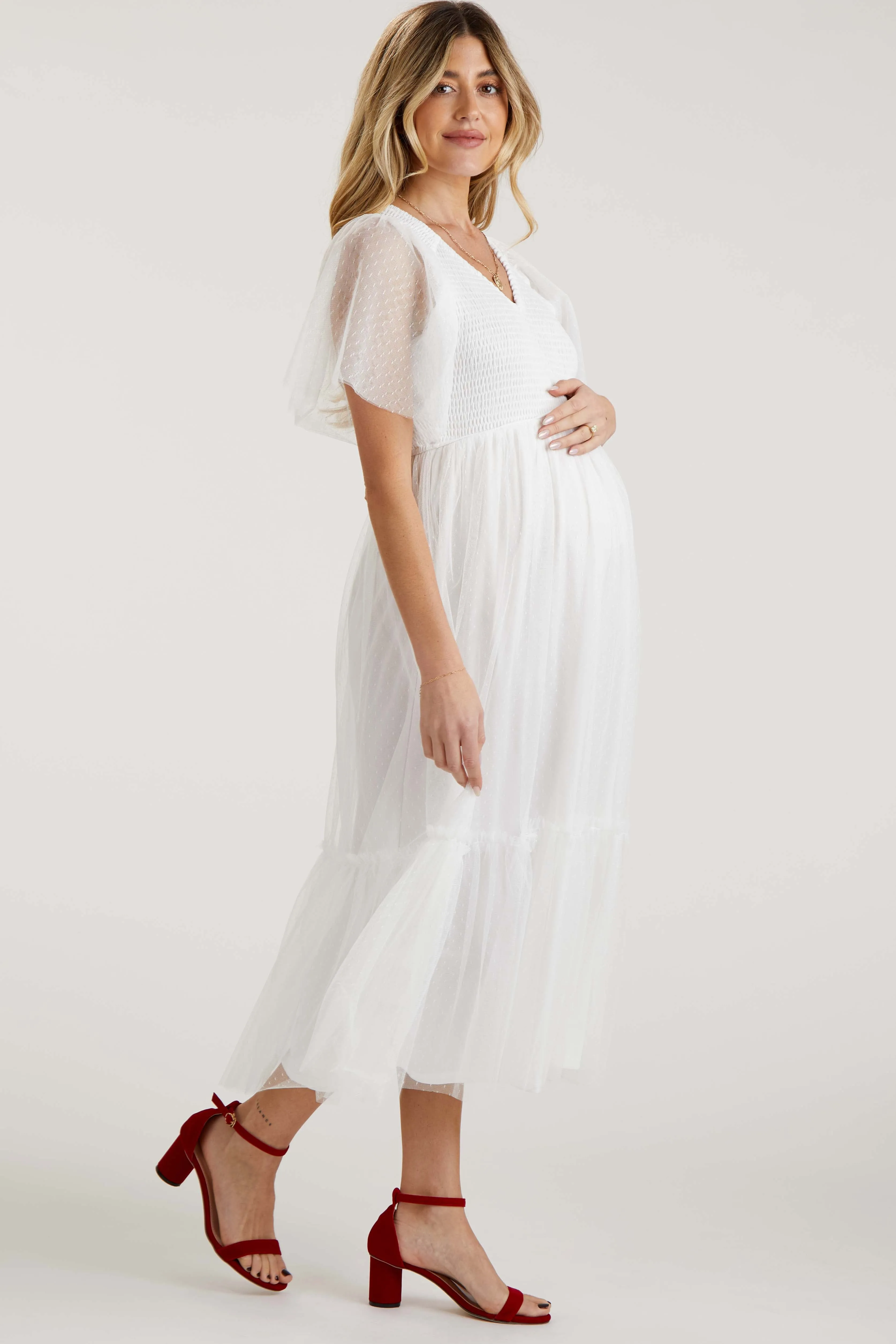 White Dotted Tulle Smocked Maternity Midi Dress sold by Pinkblush product image thumbnail 3