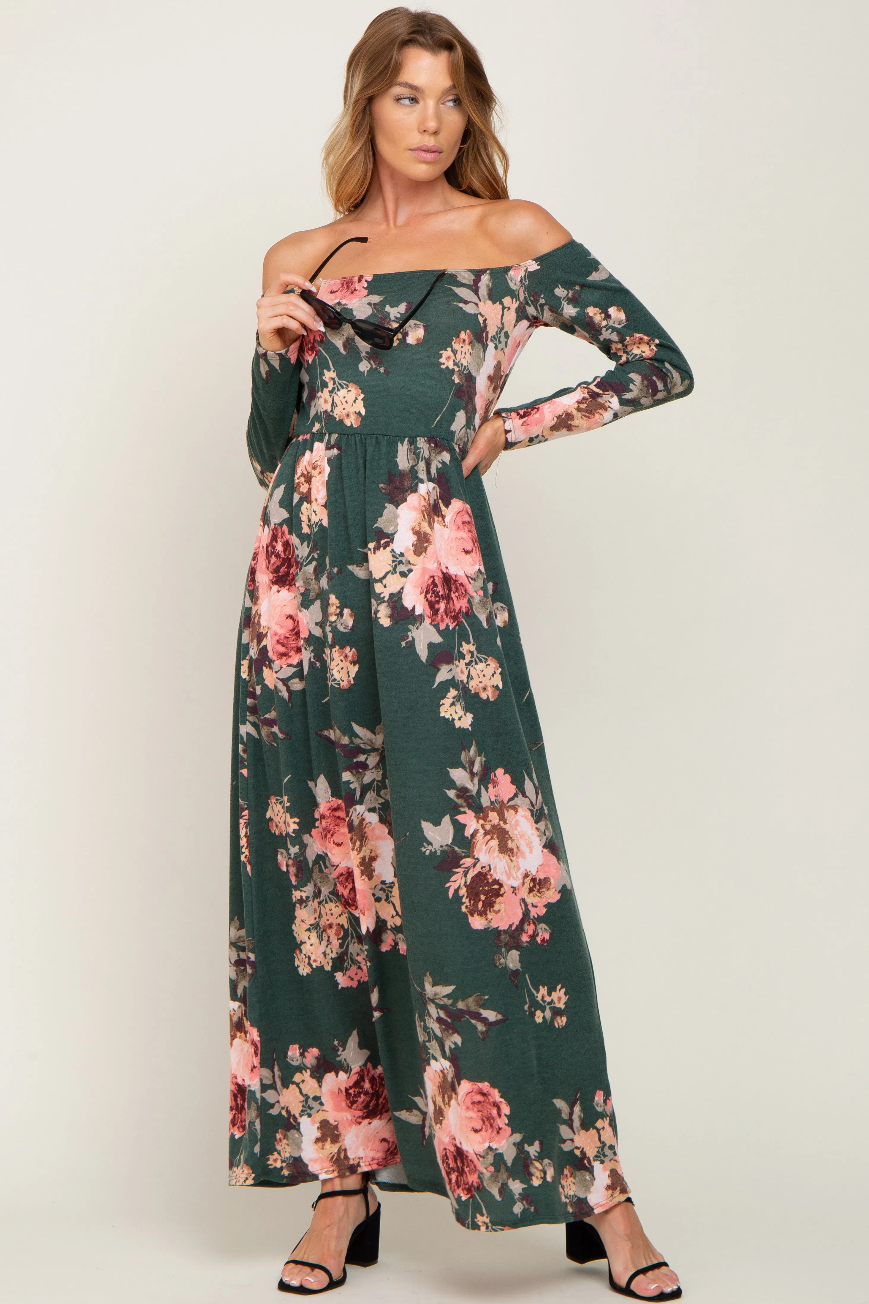 Forest Green Floral Off Shoulder Long Sleeve Maternity Maxi Dress sold by Pinkblush product image thumbnail 5
