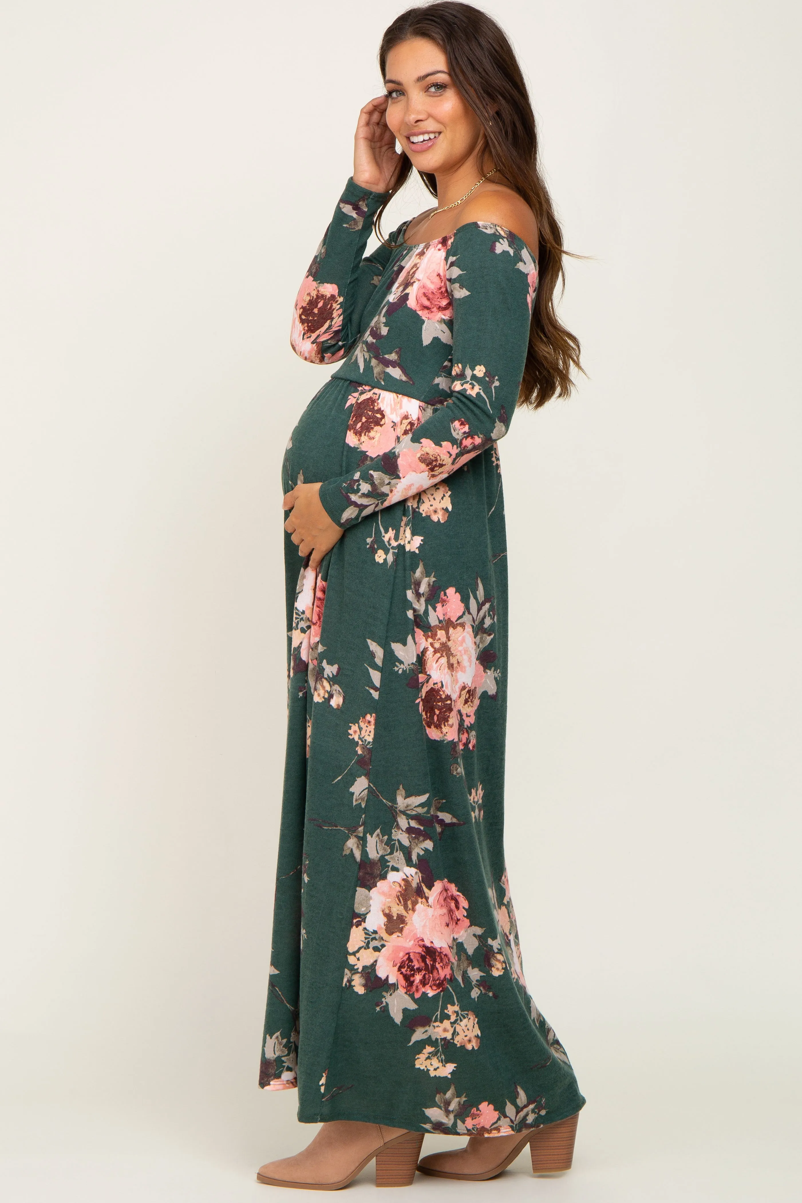 Forest Green Floral Off Shoulder Long Sleeve Maternity Maxi Dress sold by Pinkblush product image thumbnail 2