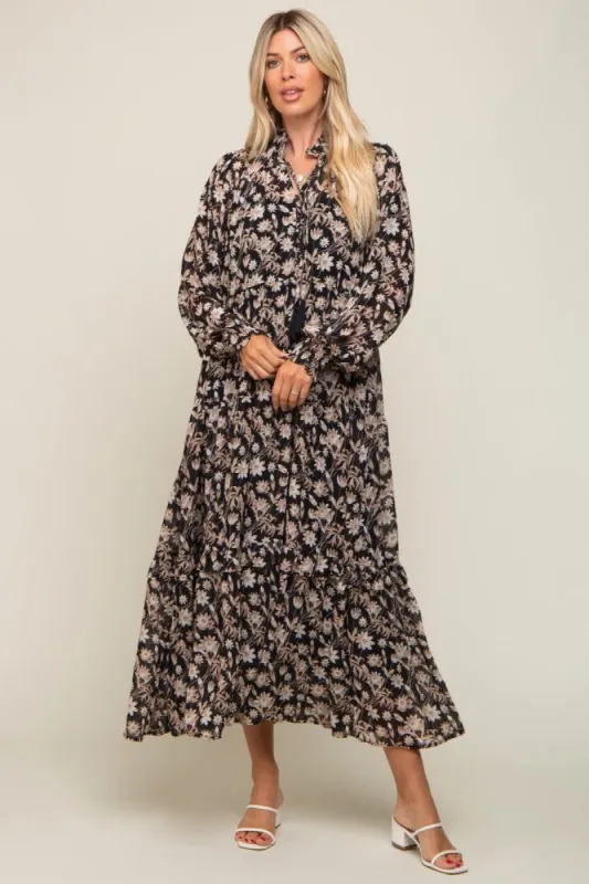 Black Floral Chiffon Ruffle Trim Button Front Long Sleeve Midi Dress sold by Pinkblush