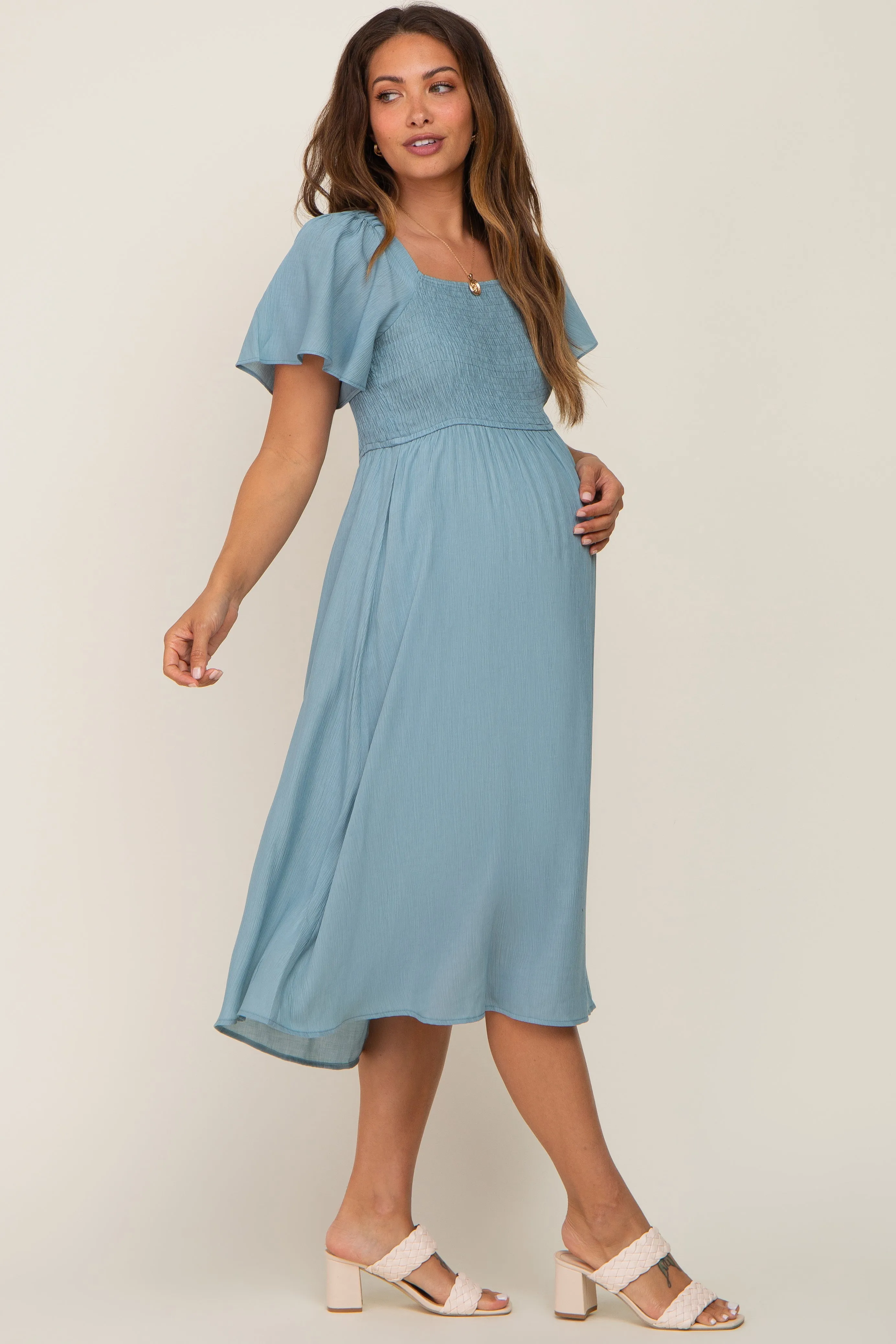 Light Blue Smocked Square Neck Flutter Short Sleeve Maternity Midi Dress sold by Pinkblush product image thumbnail 2