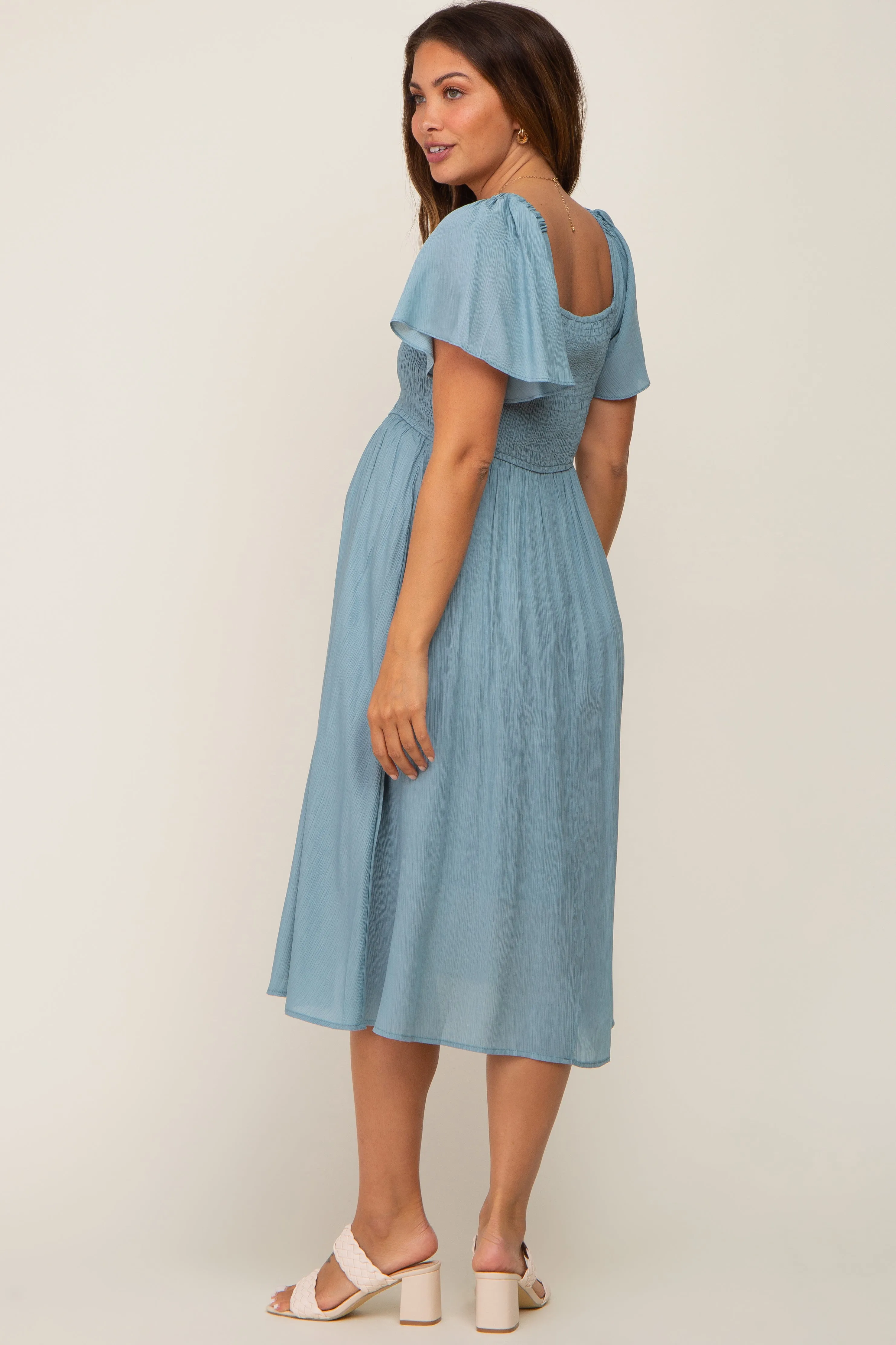 Light Blue Smocked Square Neck Flutter Short Sleeve Maternity Midi Dress sold by Pinkblush product image thumbnail 3