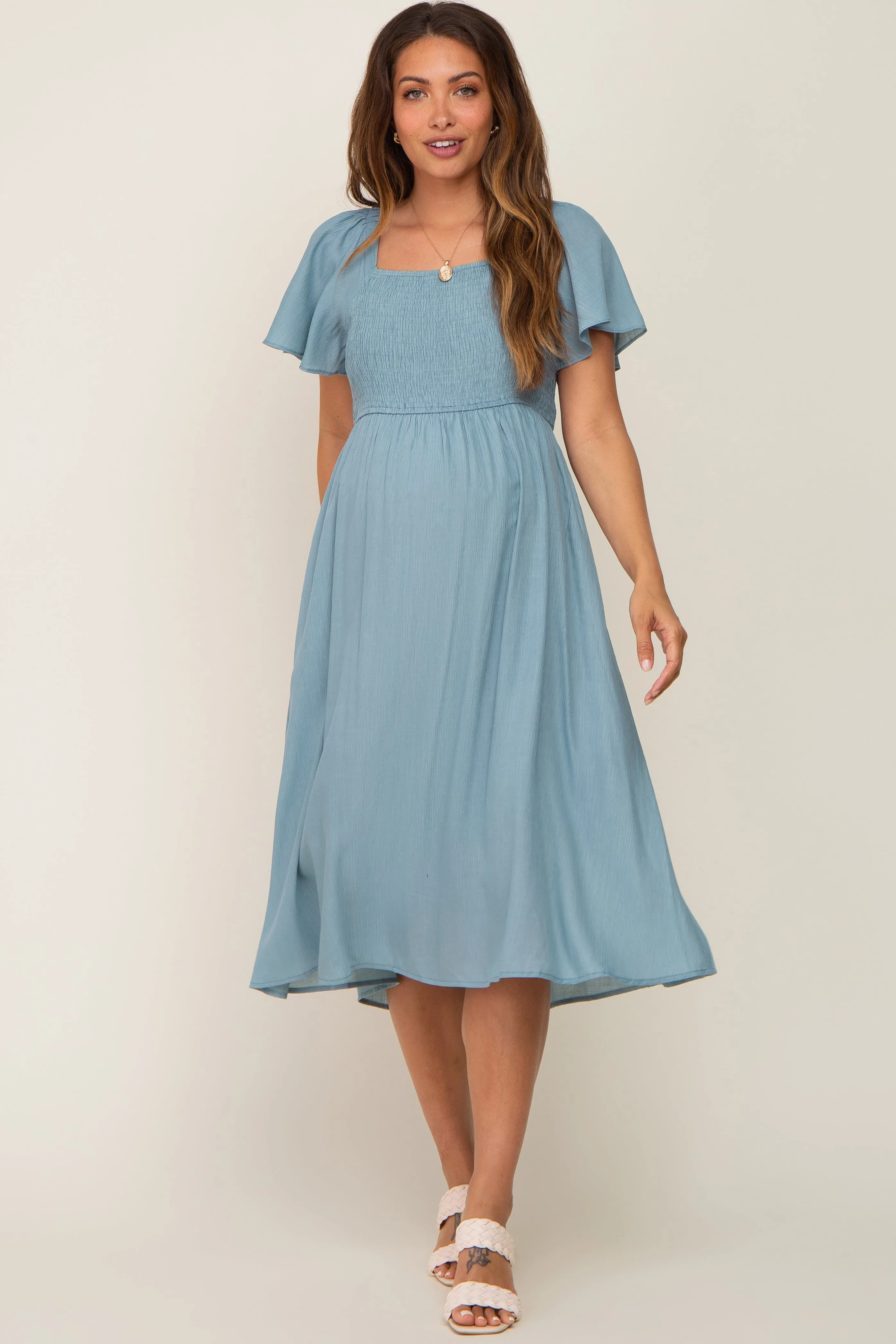 Light Blue Smocked Square Neck Flutter Short Sleeve Maternity Midi Dress sold by Pinkblush product image thumbnail 4