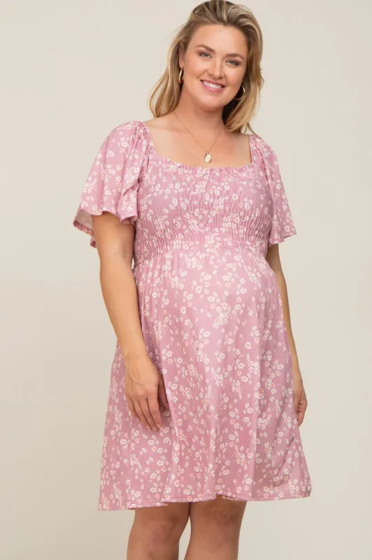 Mauve Floral Smocked Maternity Plus Dress sold by Pinkblush
