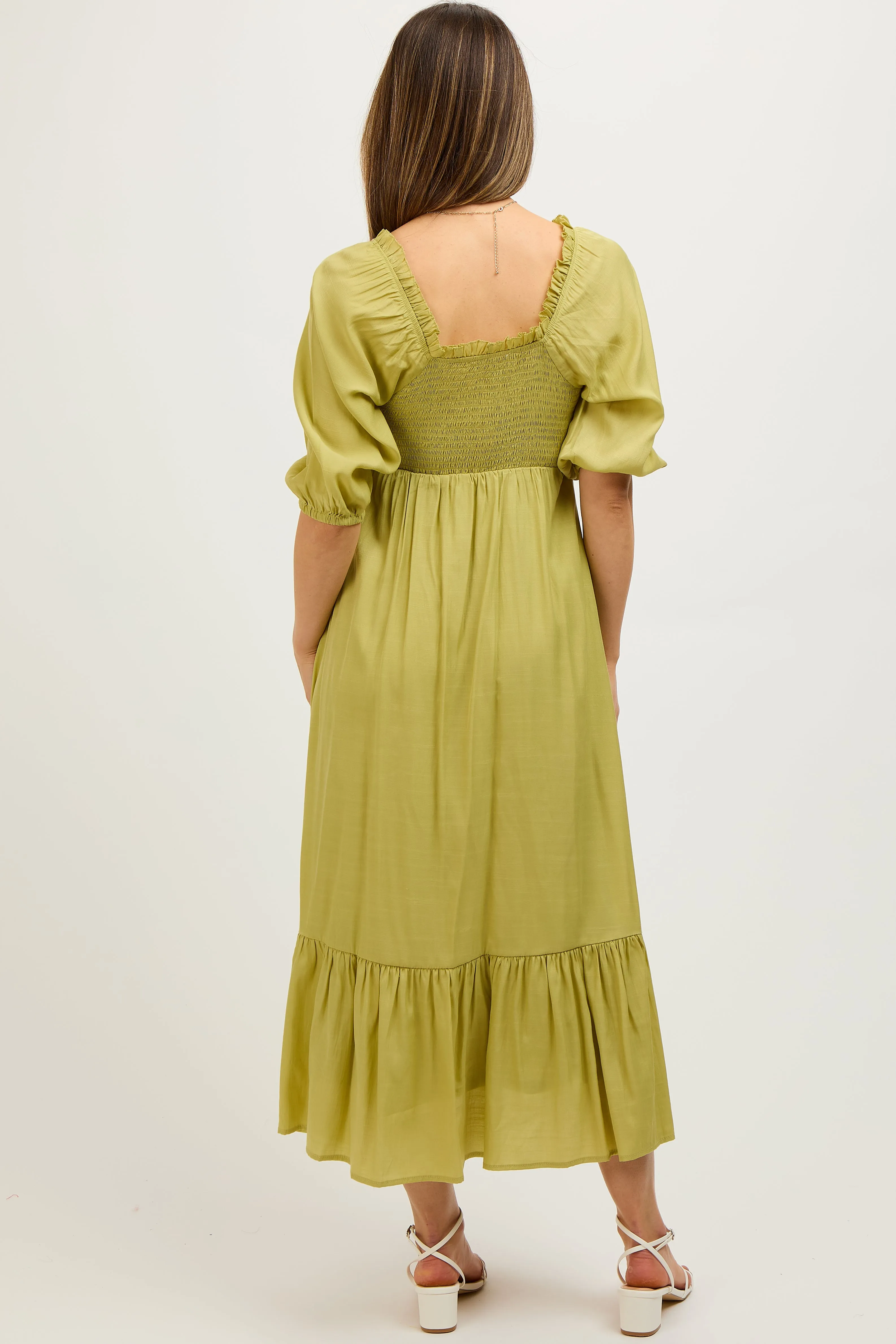 Light Olive Smocked Front Tie Maternity Midi Dress sold by Pinkblush product image thumbnail 4