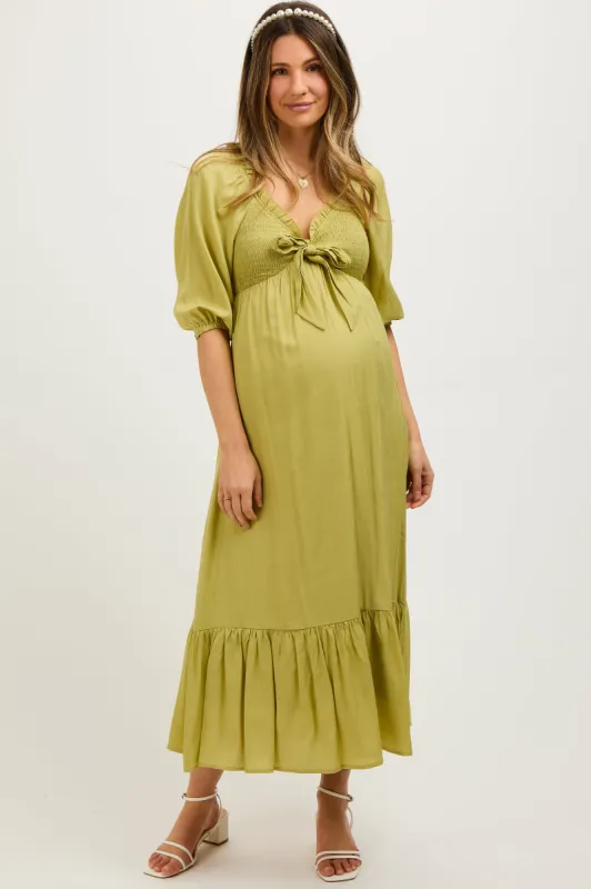 Light Olive Smocked Front Tie Maternity Midi Dress sold by Pinkblush