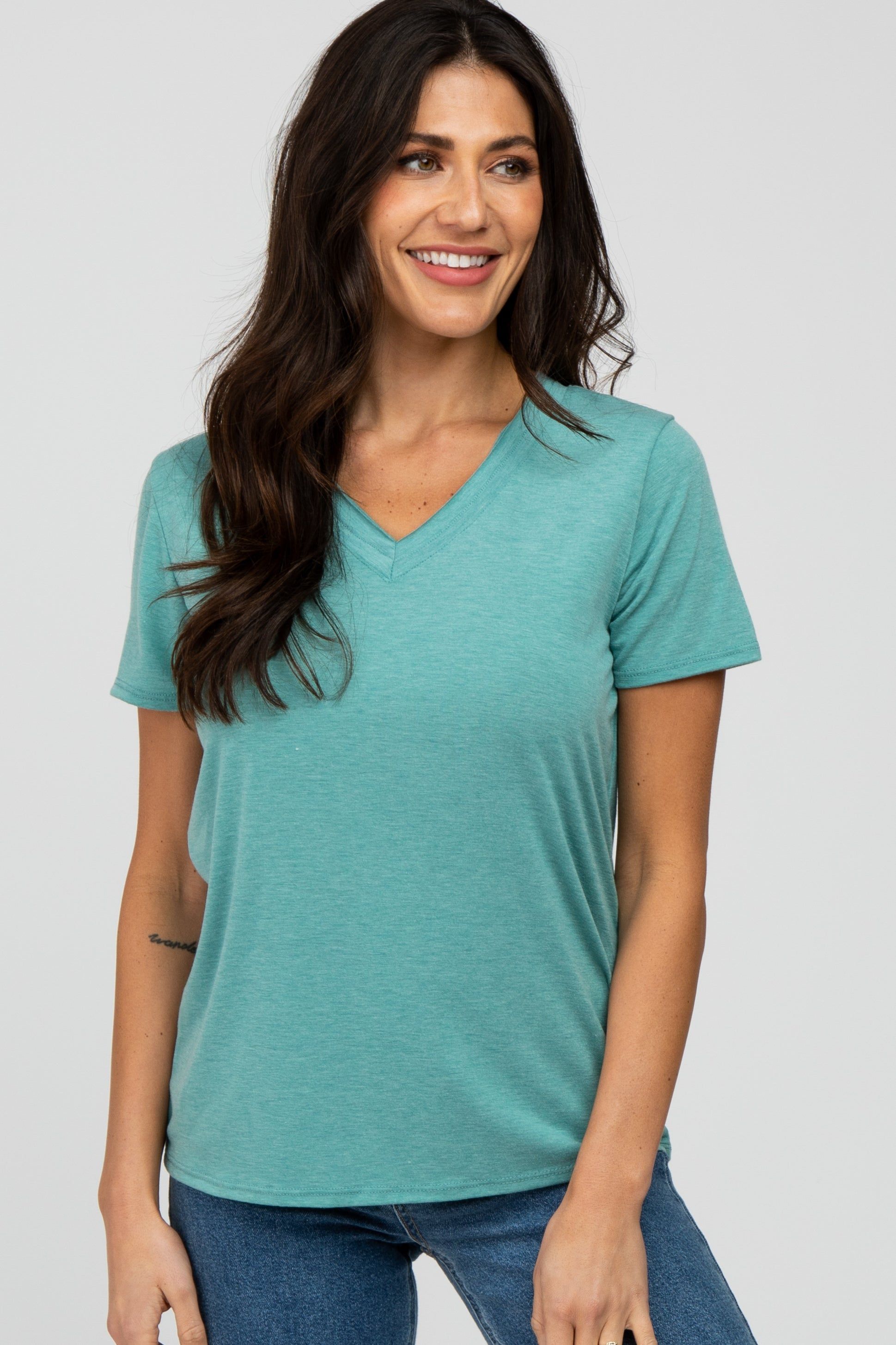Mint Heathered V-Neck Top sold by Pinkblush