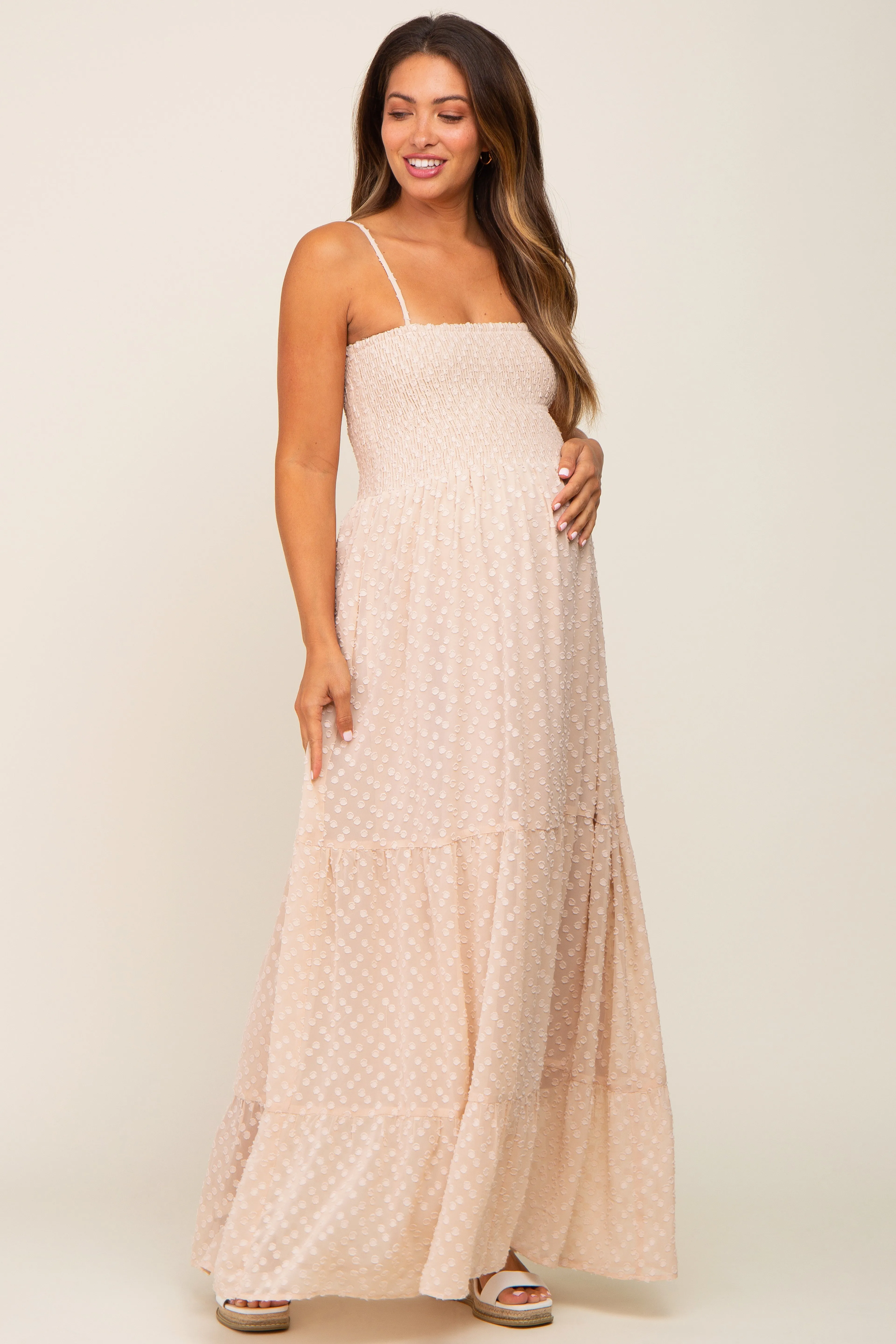 Beige Textured Dot Chiffon Sleeveless Maternity Maxi Dress sold by Pinkblush