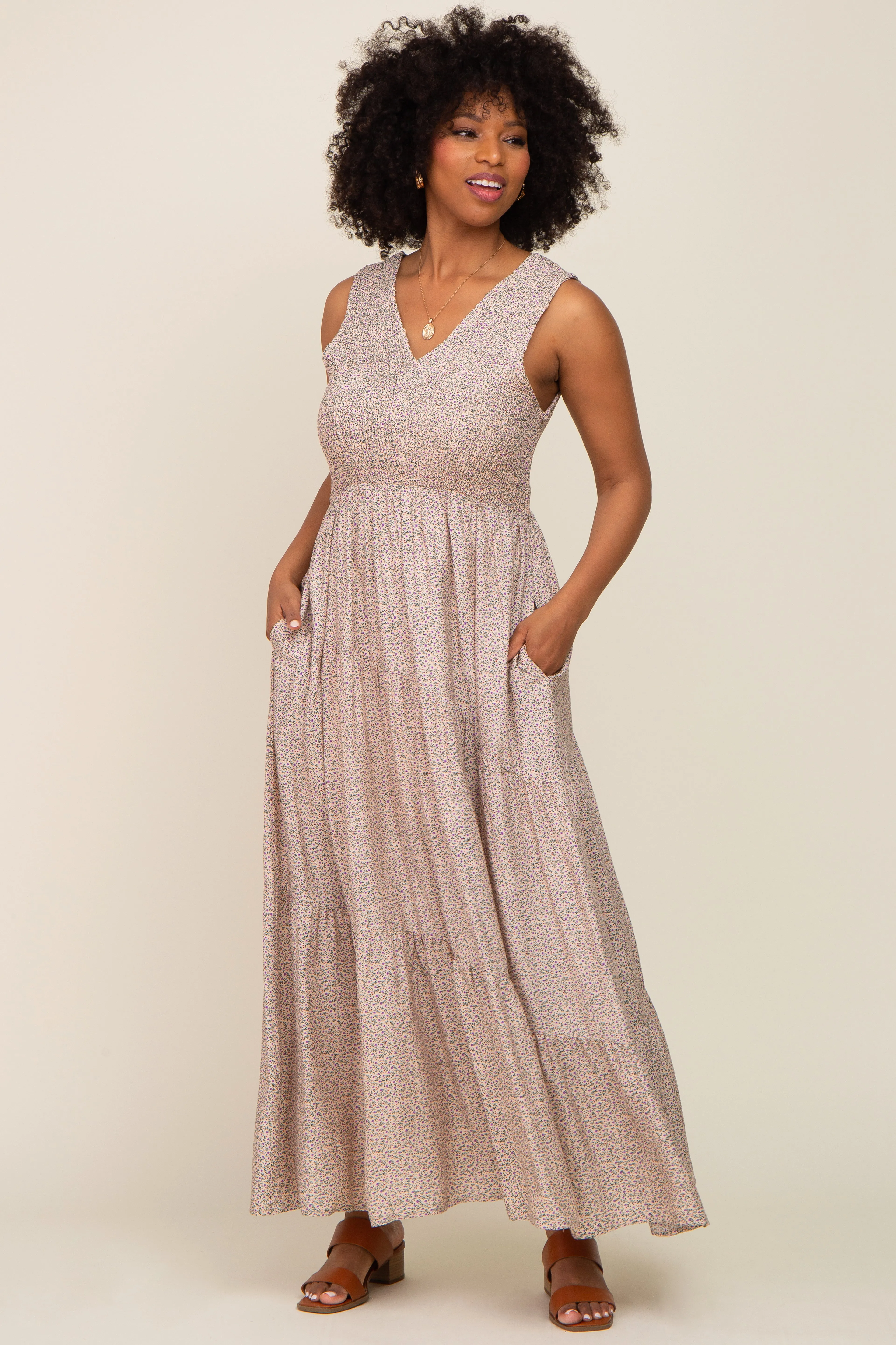 Cream Floral Smocked Sleeveless Back Tie Maxi Dress sold by Pinkblush