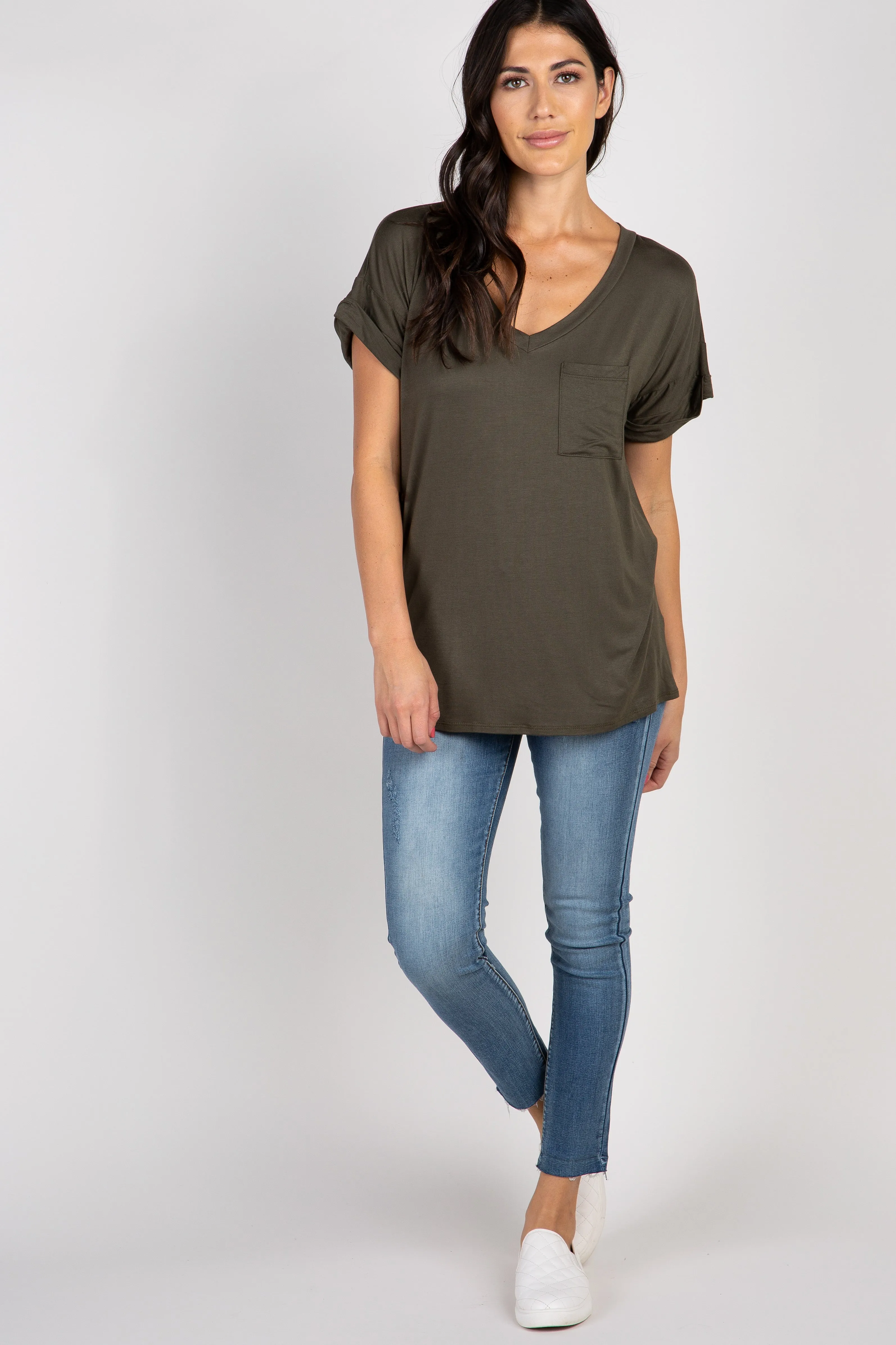Olive V-Neck Pocket Accent Top sold by Pinkblush product image thumbnail 4