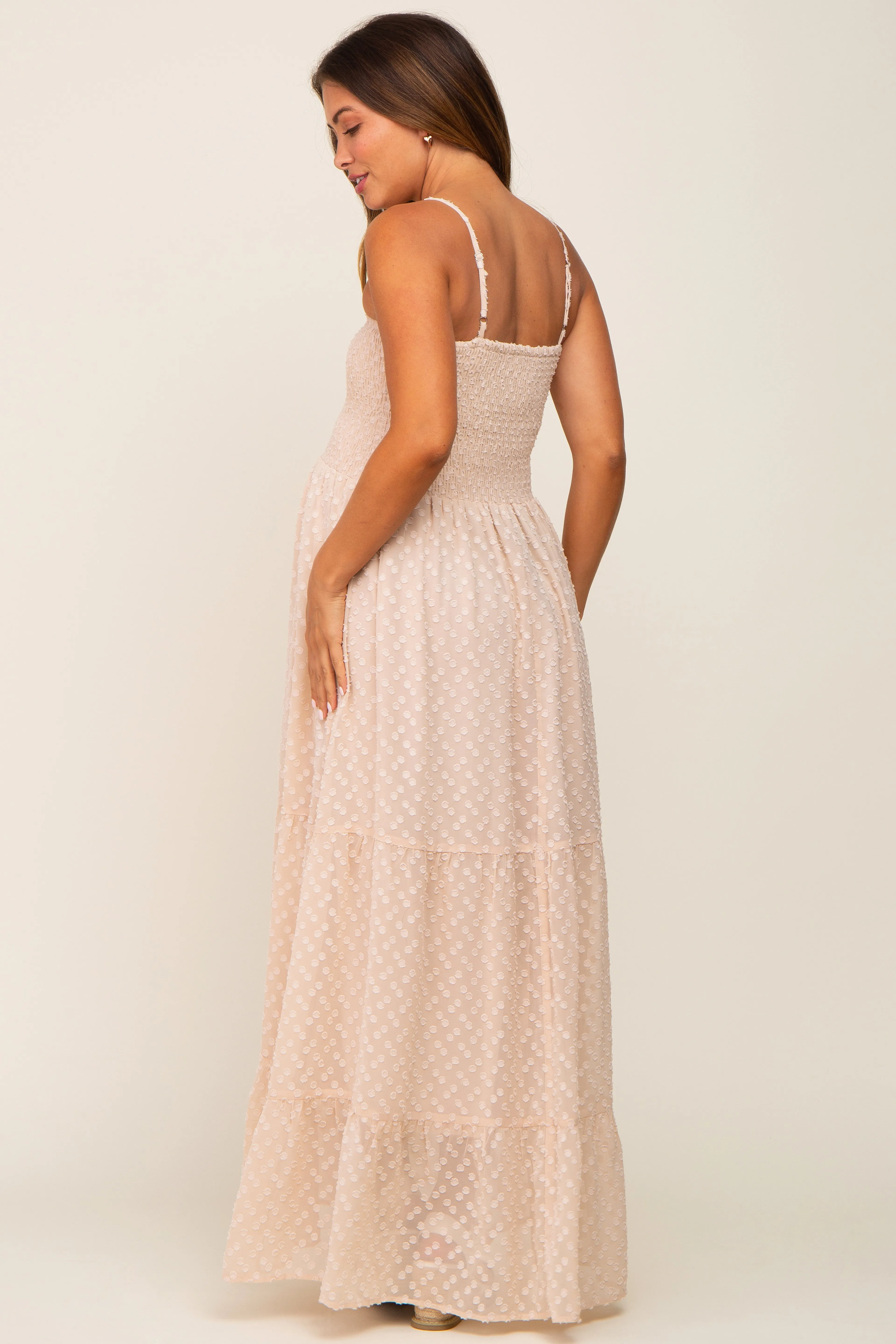 Beige Textured Dot Chiffon Sleeveless Maternity Maxi Dress sold by Pinkblush product image thumbnail 2