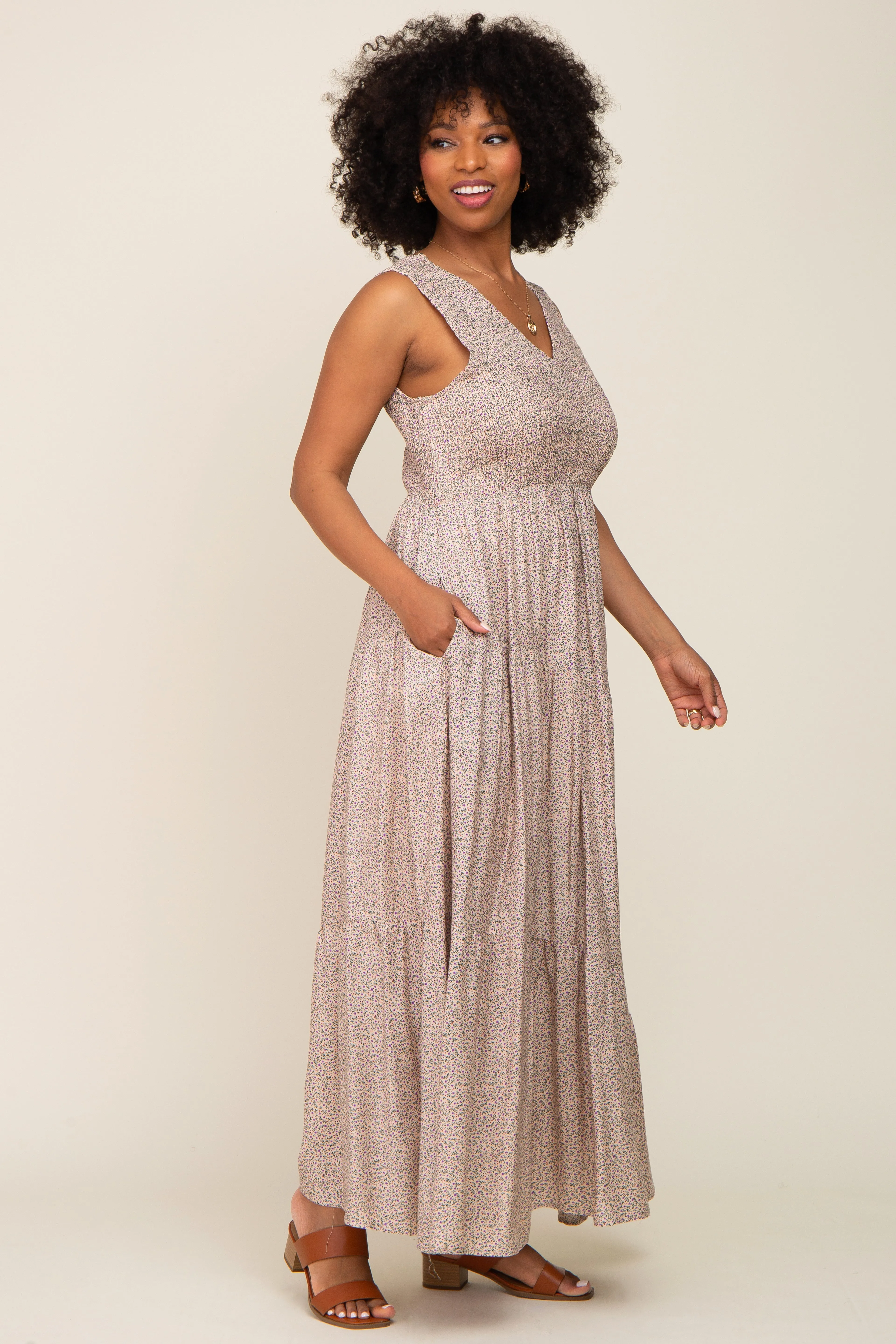 Cream Floral Smocked Sleeveless Back Tie Maxi Dress sold by Pinkblush product image thumbnail 2