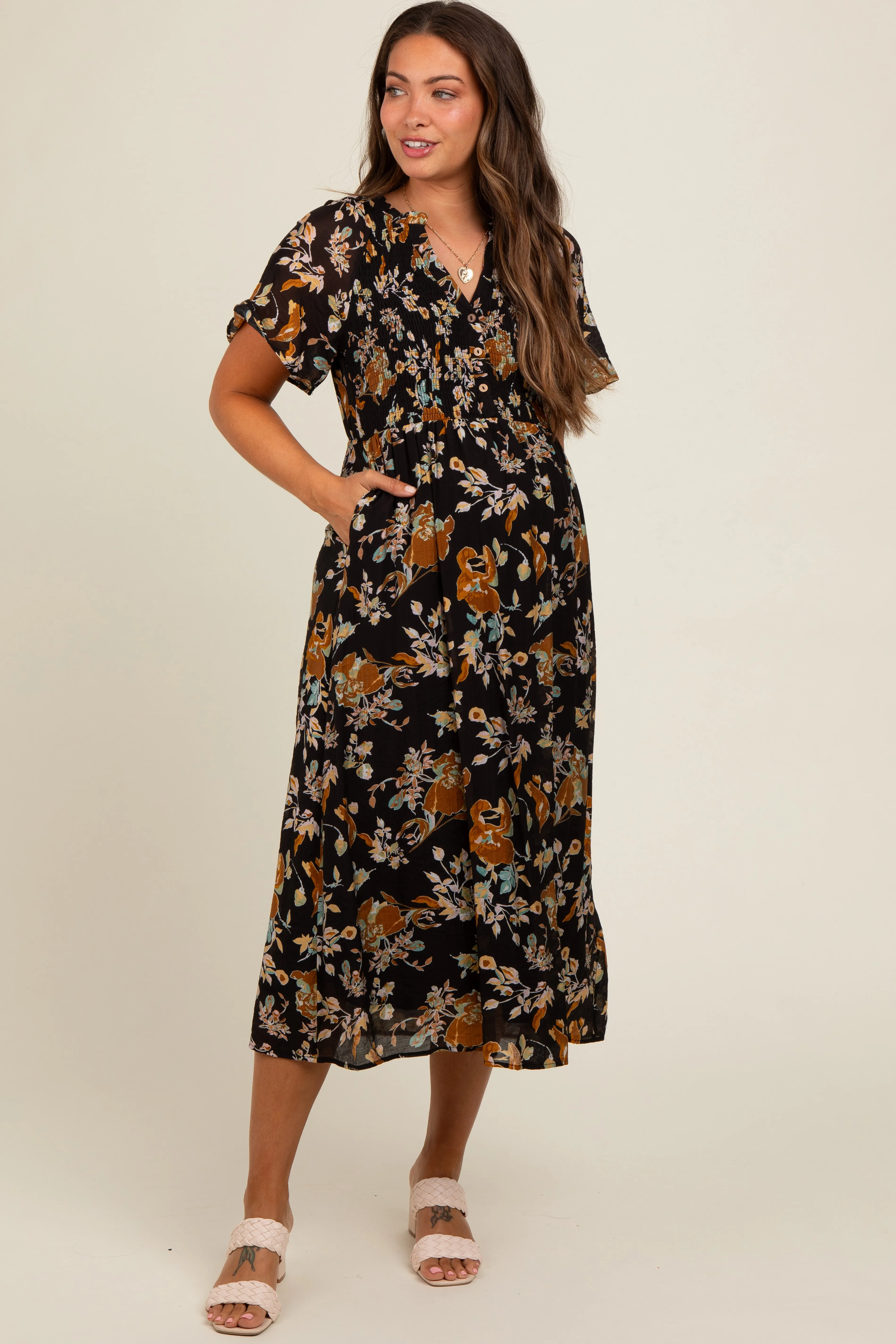 Black Smocked Floral Maternity Midi Dress sold by Pinkblush