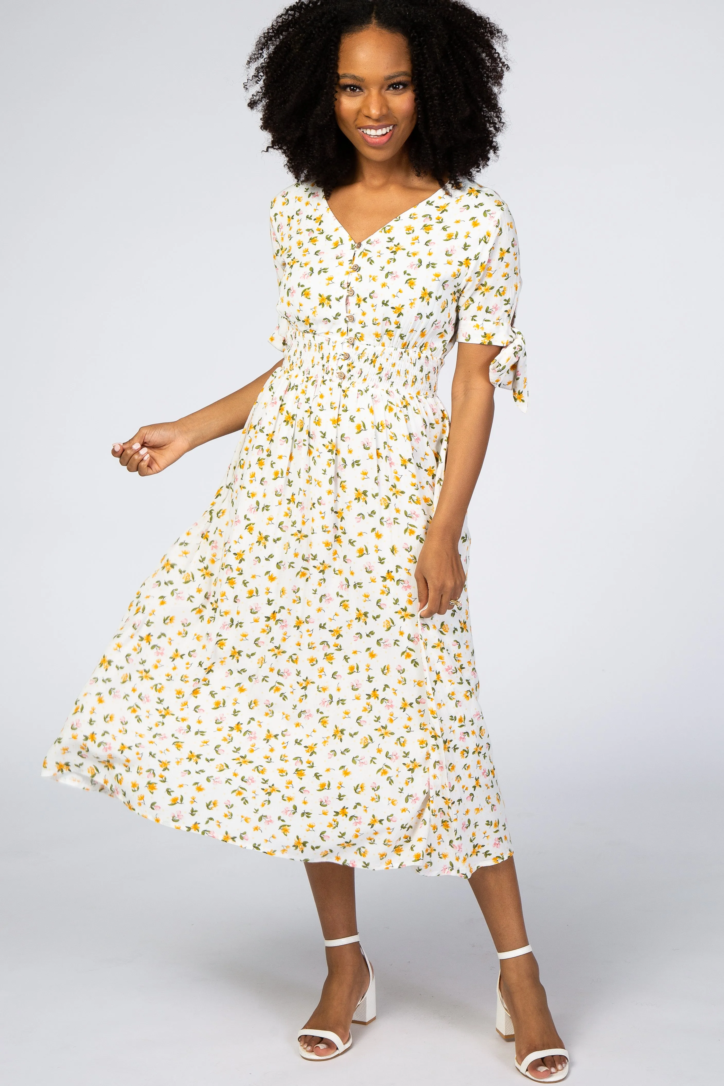Ivory Floral Tie Sleeve Midi Dress sold by Pinkblush