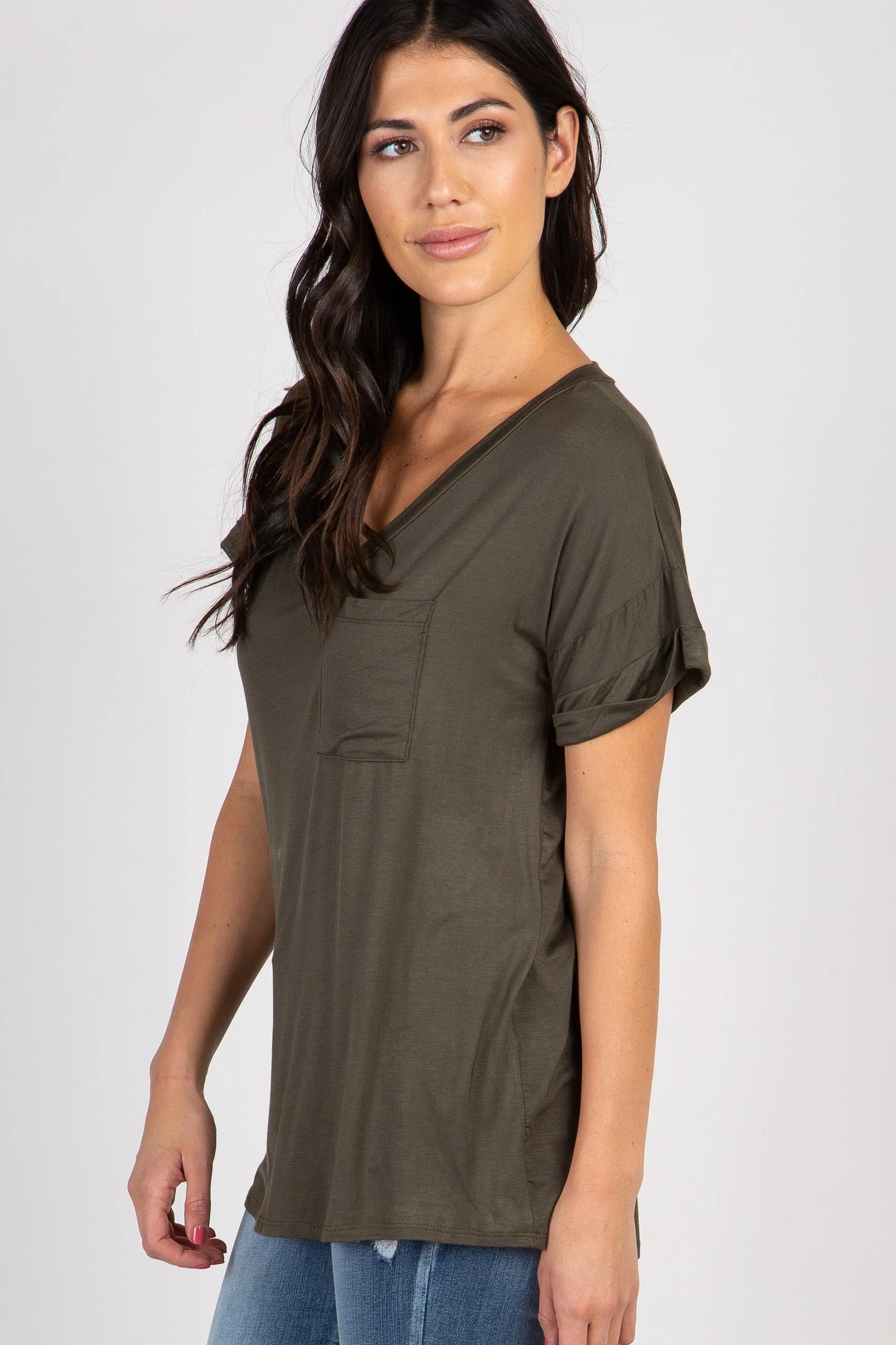 Olive V-Neck Pocket Accent Top sold by Pinkblush product image thumbnail 2