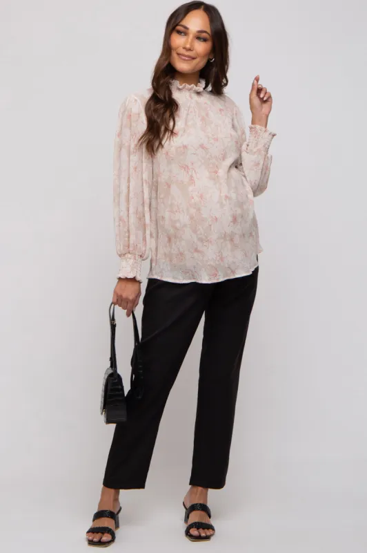 Ivory Floral Plisse Mock Neck Maternity Blouse sold by Pinkblush